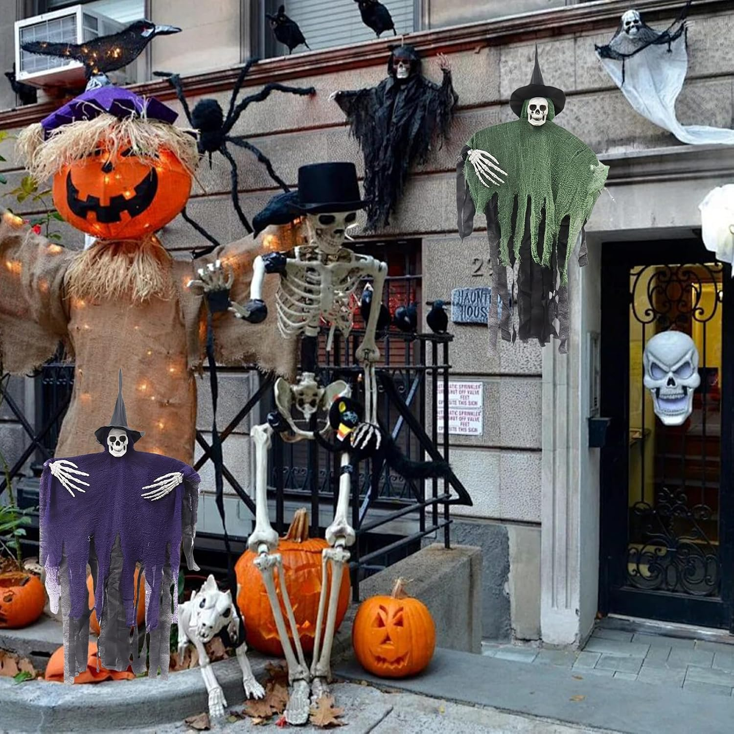 Halloween Decorations Outdoor, 2 Pack Halloween Hanging Witch, 41Inch Hanging Skeleton Ghost,Scary Flying Ghost with Wizard Hat for Haunted House Decor, Patio Porch Skull Prop (Purple+Green) image number 6