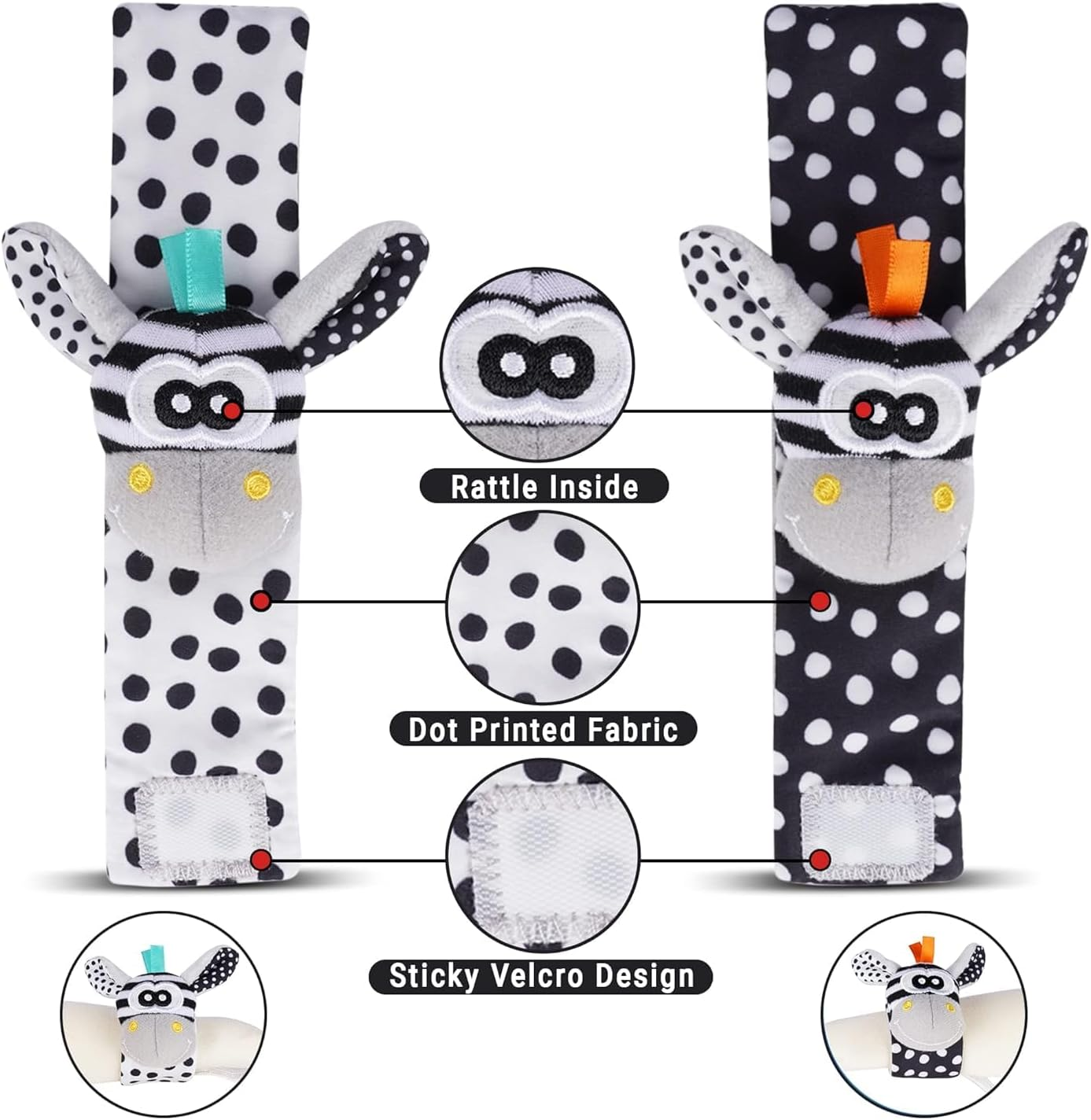 Baby Rattle Socks Wrist Strap Rattles Set, Cute Baby Animal Development Toy Gift for Newborn Babies, Black and White Foot Finder Sensory Set image number 6