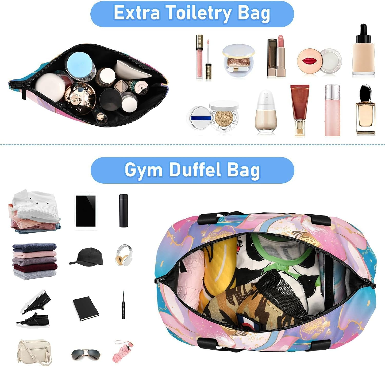 Rose Gold Flower Tote Bag Travel Weekender Gear Bag with Toiletry Bag for Travel Foldable, Rose Gold Flower, 1 Size