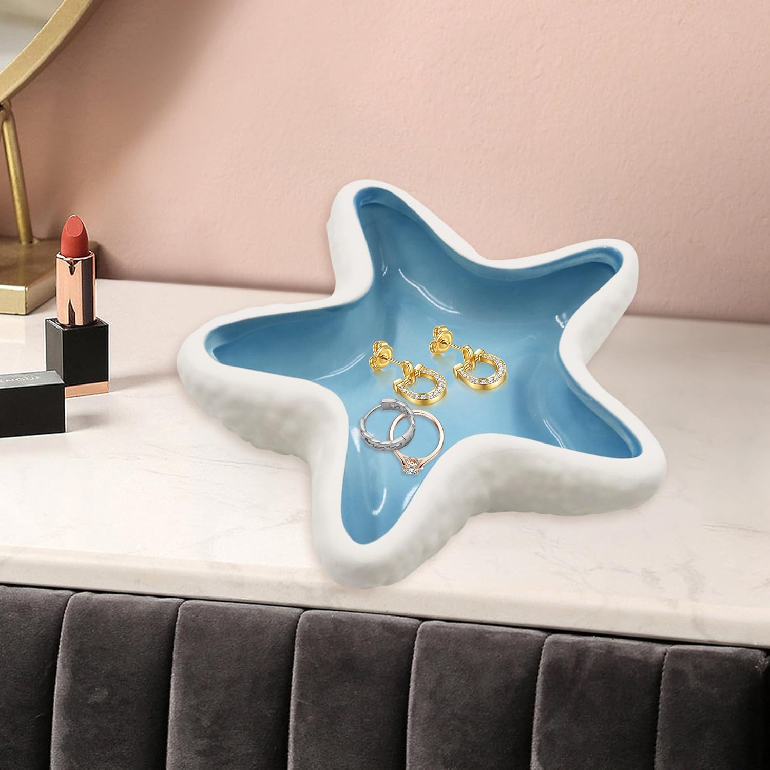 Ceramic Seashell Jewelry Dish Tray, Small Shell Trinket Dish, YITOBA Jewelry Holder Dish Plate for Rings Earring, Aesthetic Decorative Key Bowl, Ocean Beach Blue Coastal Room Decor (Blue) image number 5