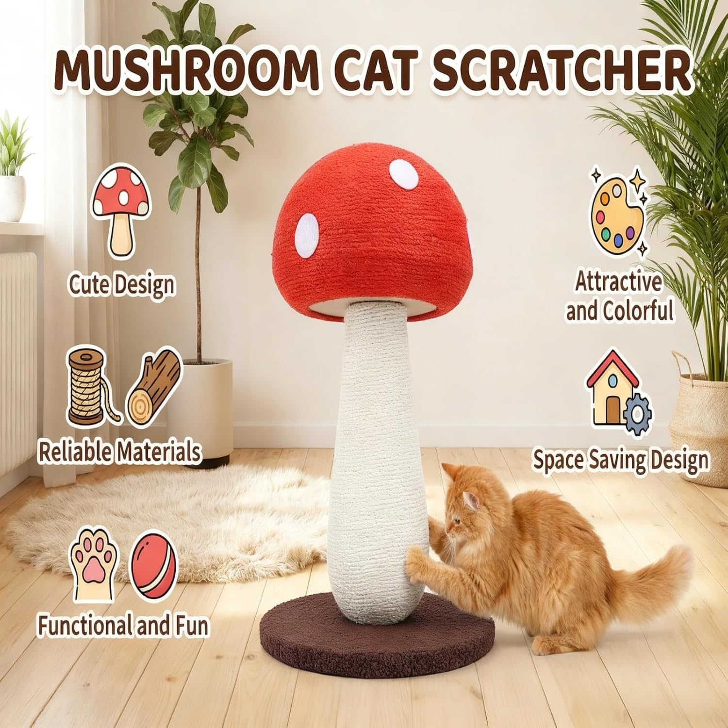 Mushroom Cat Scratcher, Easy to Assemble Cute Cat Scratcher Space Saving Scratch Resistant for Kitten