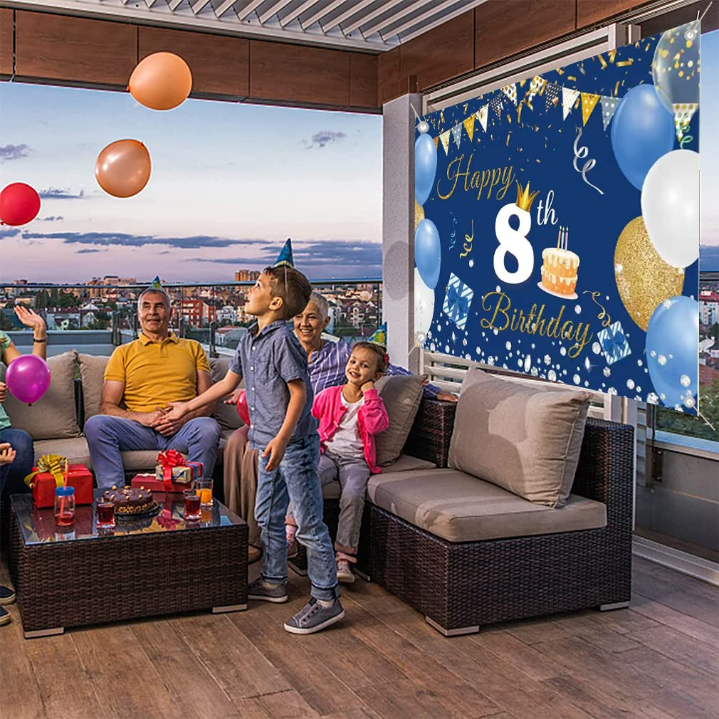 8Th Birthday Decorations for Boy/Girl, 8 Years Old Backdrop Banner Fabric Sign Poster, Happy 8Th Birthday Party Supplies Blue Photography Background Welcome Sign, 150Cm X 90Cm