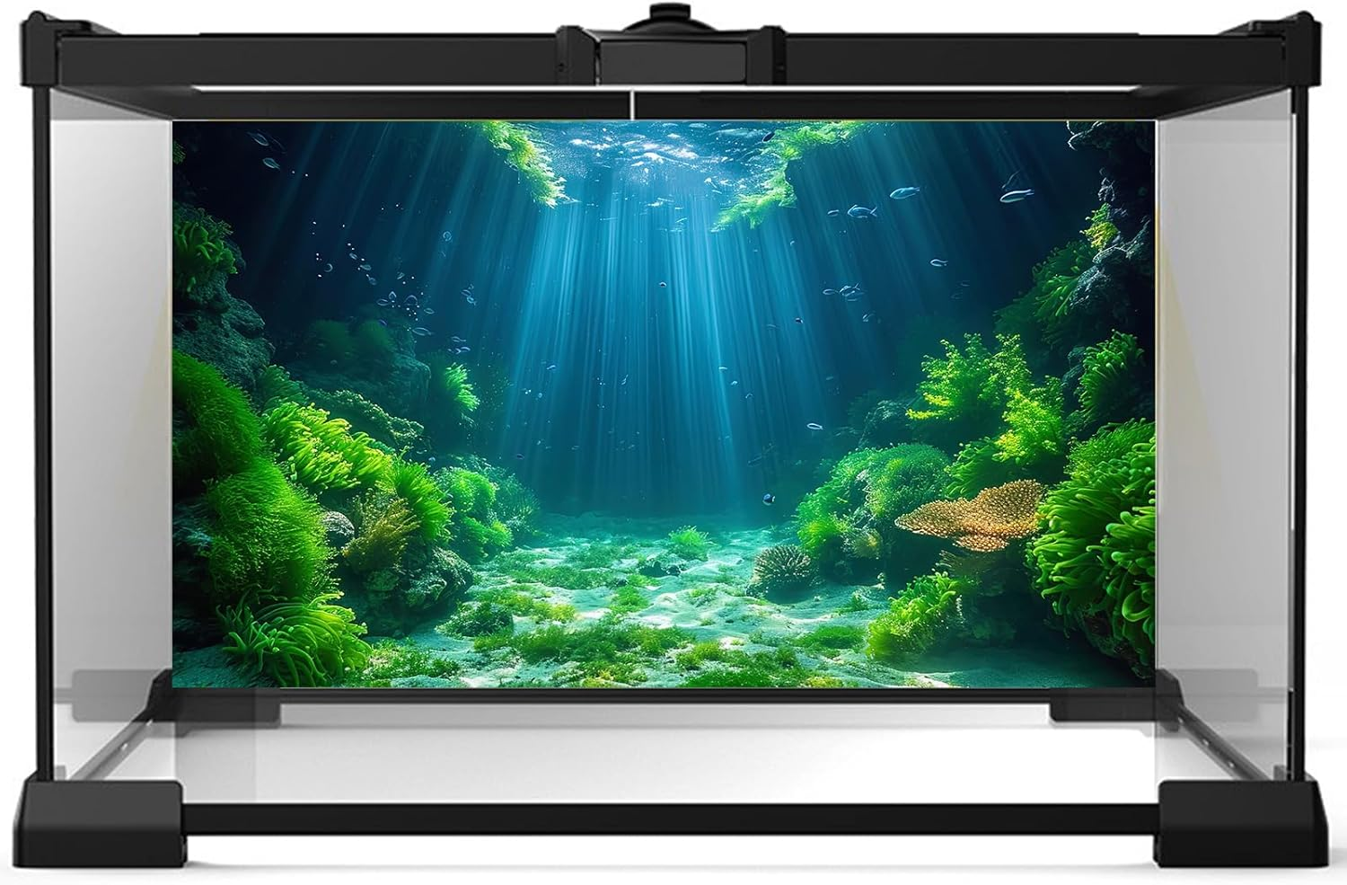 Riivvdise Aquarium Background Aquatic Plants Soft Algae Terrarium Backdrop Underwater World Fish Rock with Moss Sunlight Rays Fish Tank Background Aquarium Wallpaper Poster Decor Vinyl 24X12In image number 2