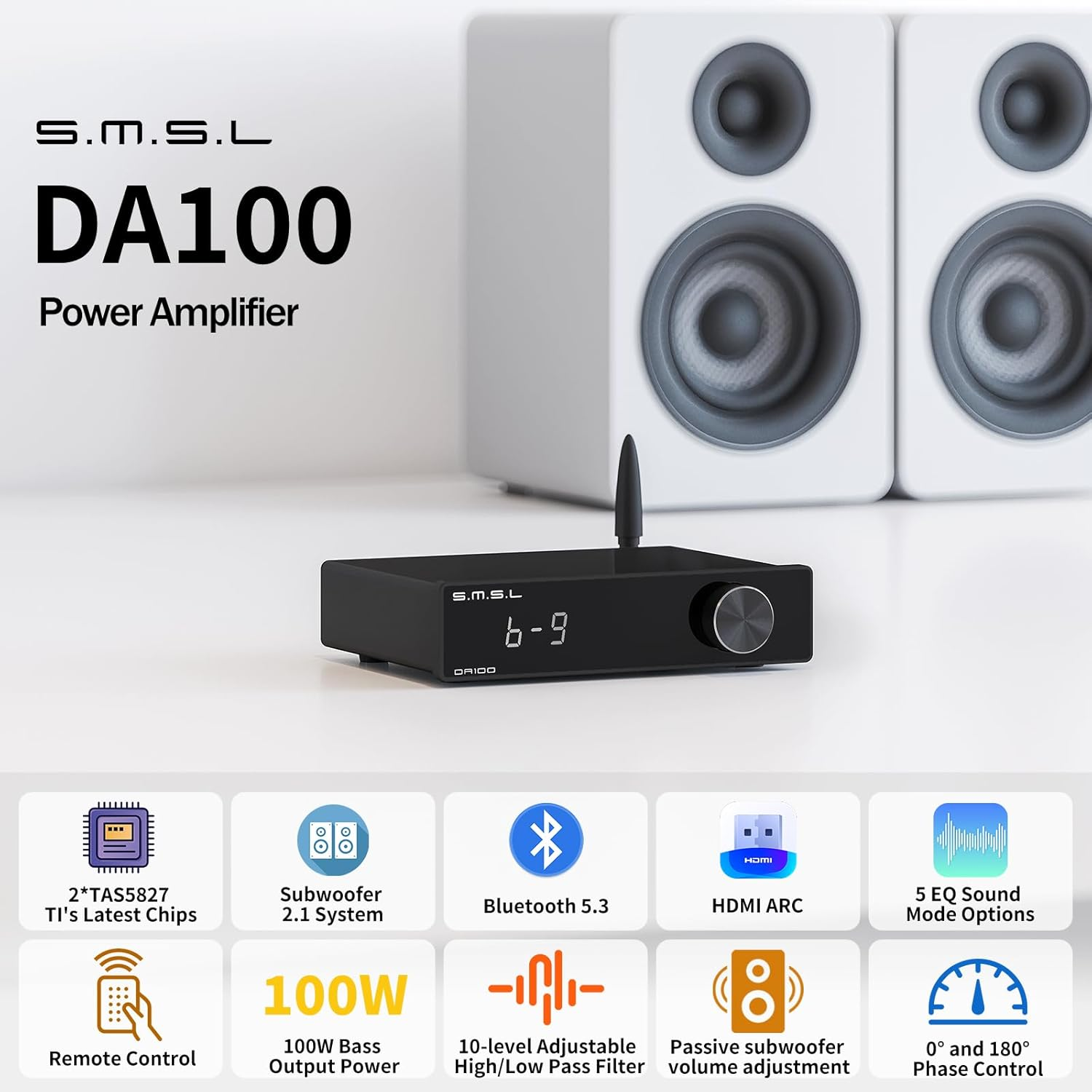 SMSL DA100 Audio Amplifier 2 Channel Passive Subwoofer Bluetooth 5.3/Usb/Optical/Hdmi(Arc)/Line-In Input 100W Bass Output Power AMP 2*TAS5827 for Desktop Home Theater Bookshelf Tower Passive Speakers image number 2