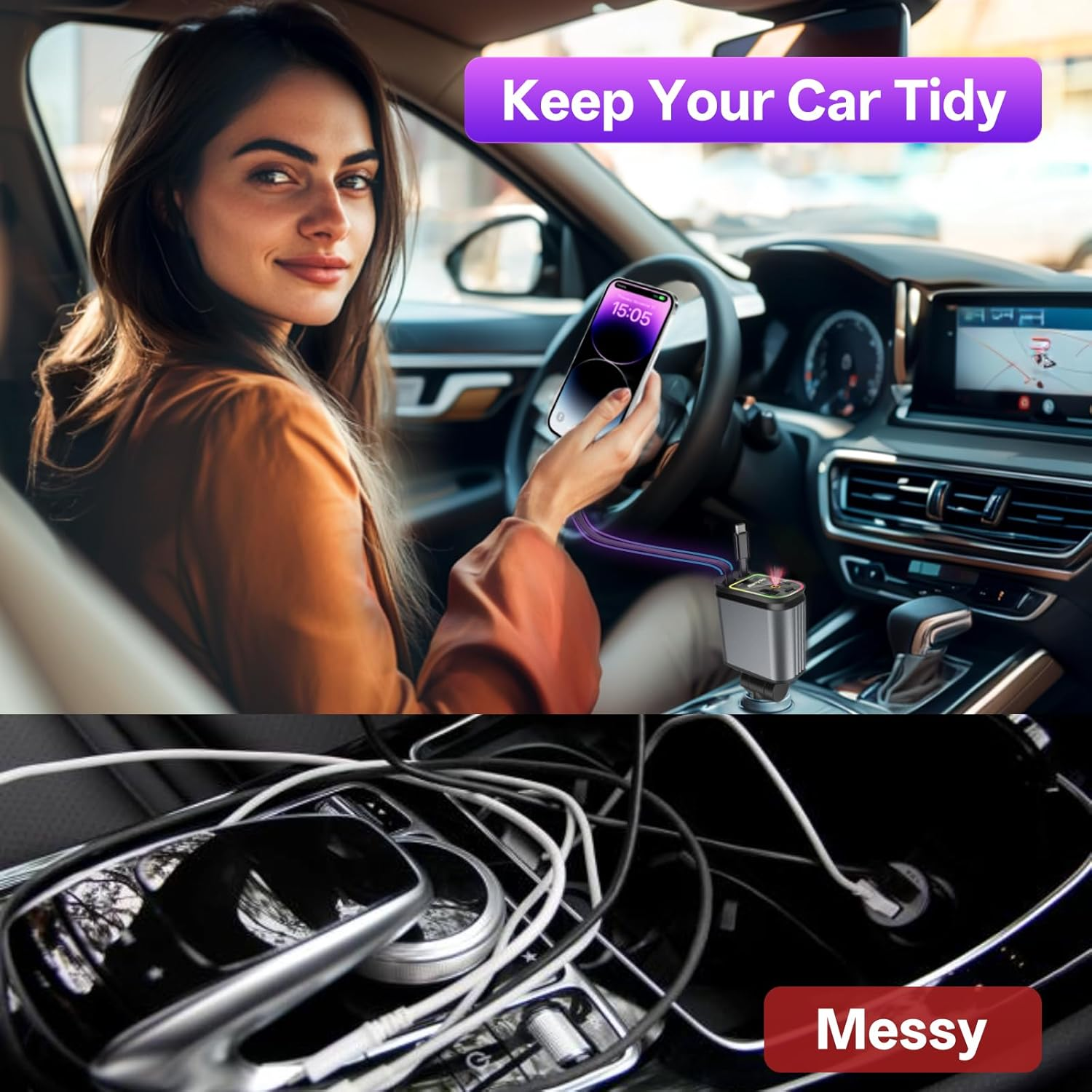 4 in 1 Retractable Car Charger Starlight Compatible with Iphone 16/15/14/13/12/11,Galaxy,Pixel image number 2