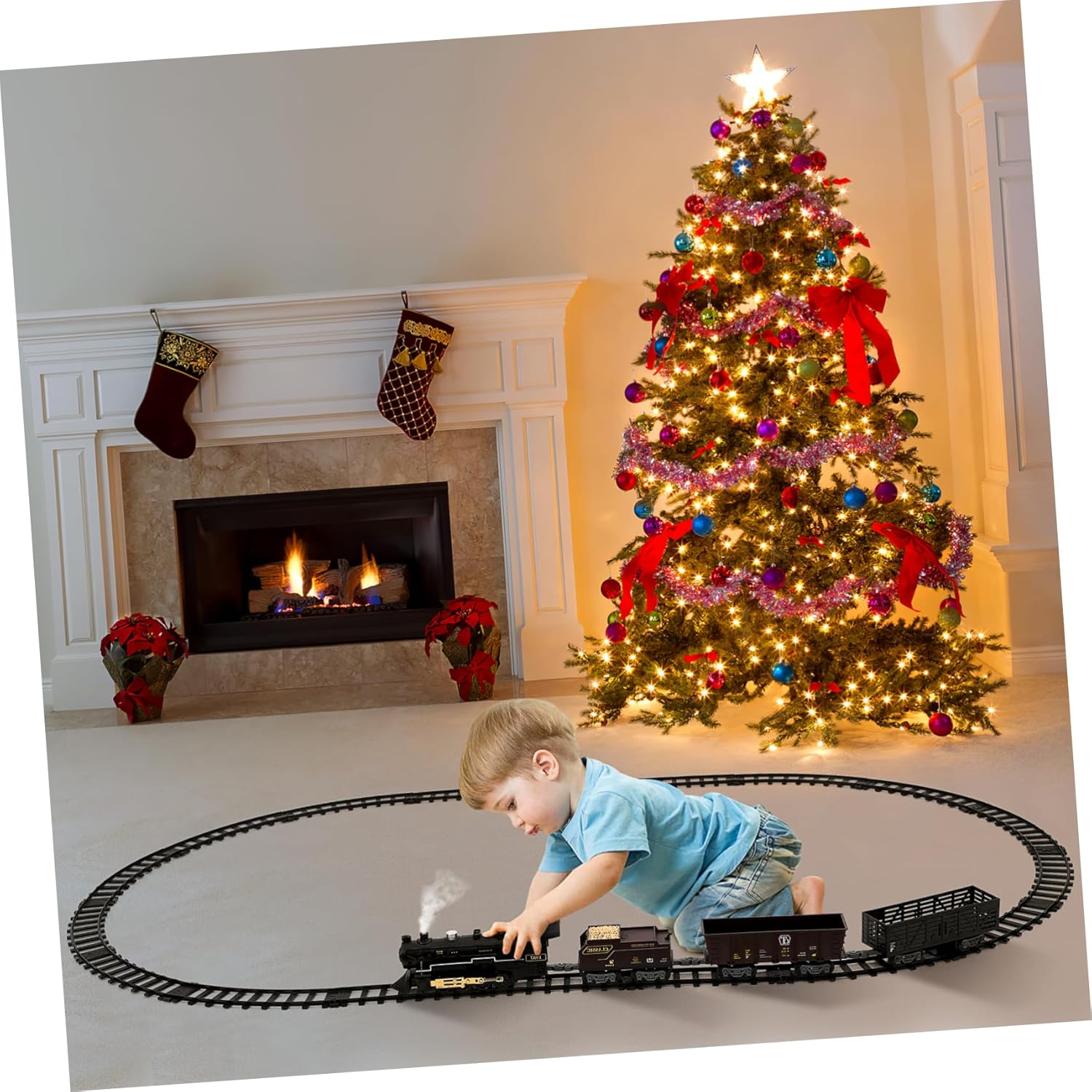 Vaguelly Steam Locomotive Train Set Battery Powered Train Toys Simulation Train Models Electric Train Sets with Smoke for Kids Birthday Party Supplies image number 6