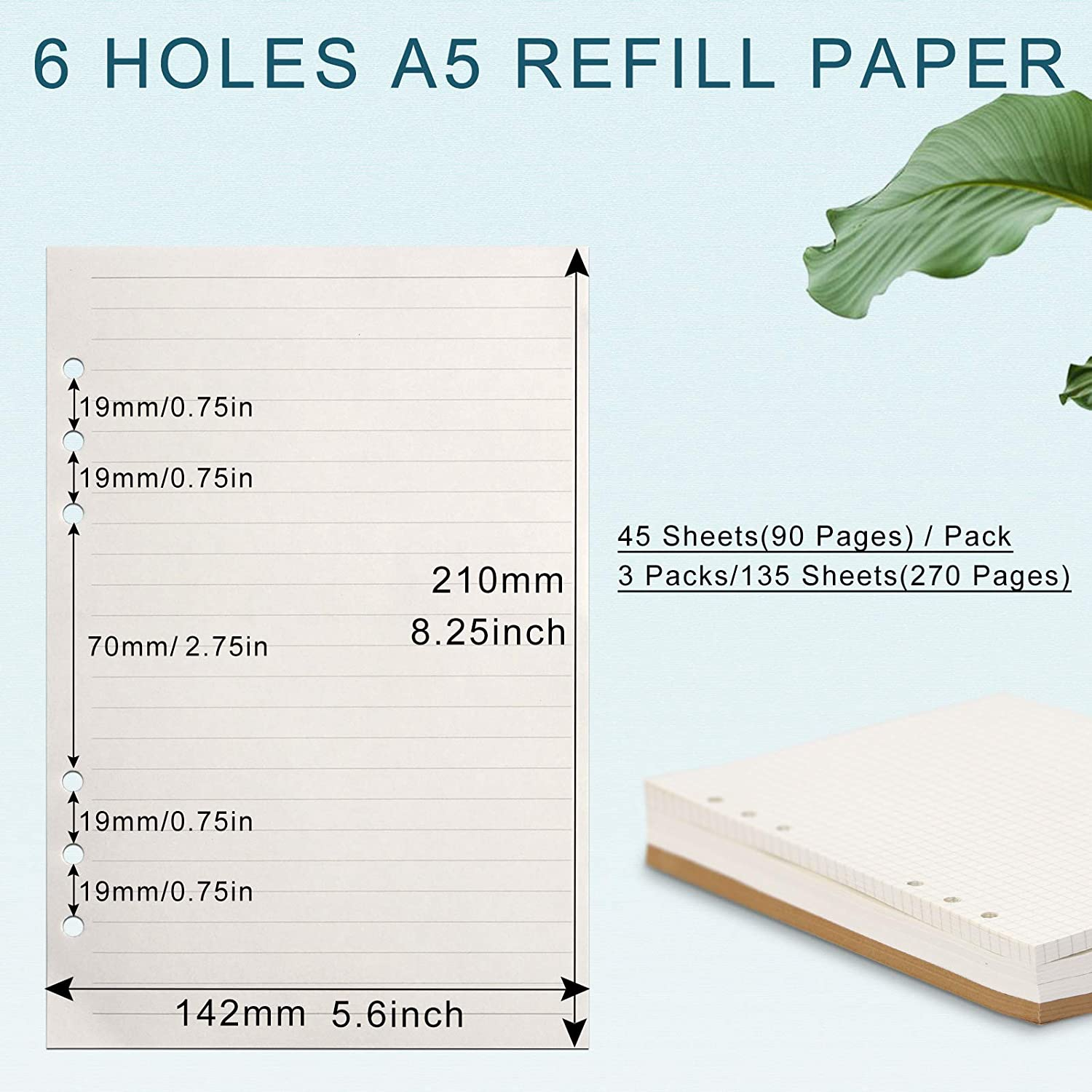 FYY A5 Refill Paper, [3 Pack] 100GSM Thick Refillable Paper 6 Hole Filler Inserts Loose Leaf Paper 135 Sheets (270 Pages) for 6 Ring Binder Journal Notebook-Lined Paper image number 6