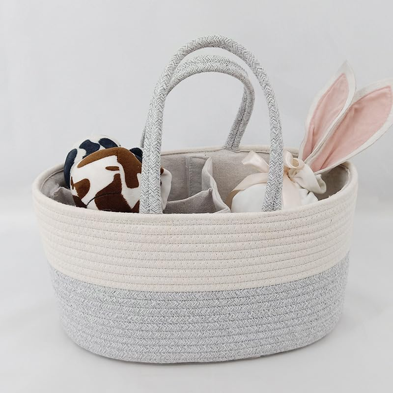 Mother and Baby Product Storage Basket, Portable Compartment Storage Basket, Bohemian Cotton Rope Storage Basket, with Removable Inserts, Nappy Organiser (White Pink)