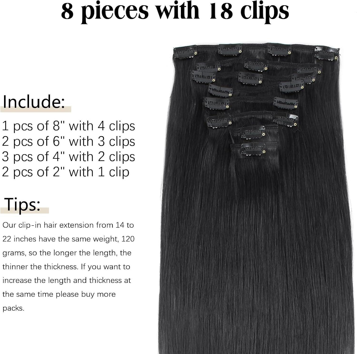 ABH AMAZINGBEAUTY HAIR 22 Inch Clip in Hair Extensions Real Human Hair Jet Black Straight Thick Remy Hair Extensions #1 8Pcs 120G image number 3