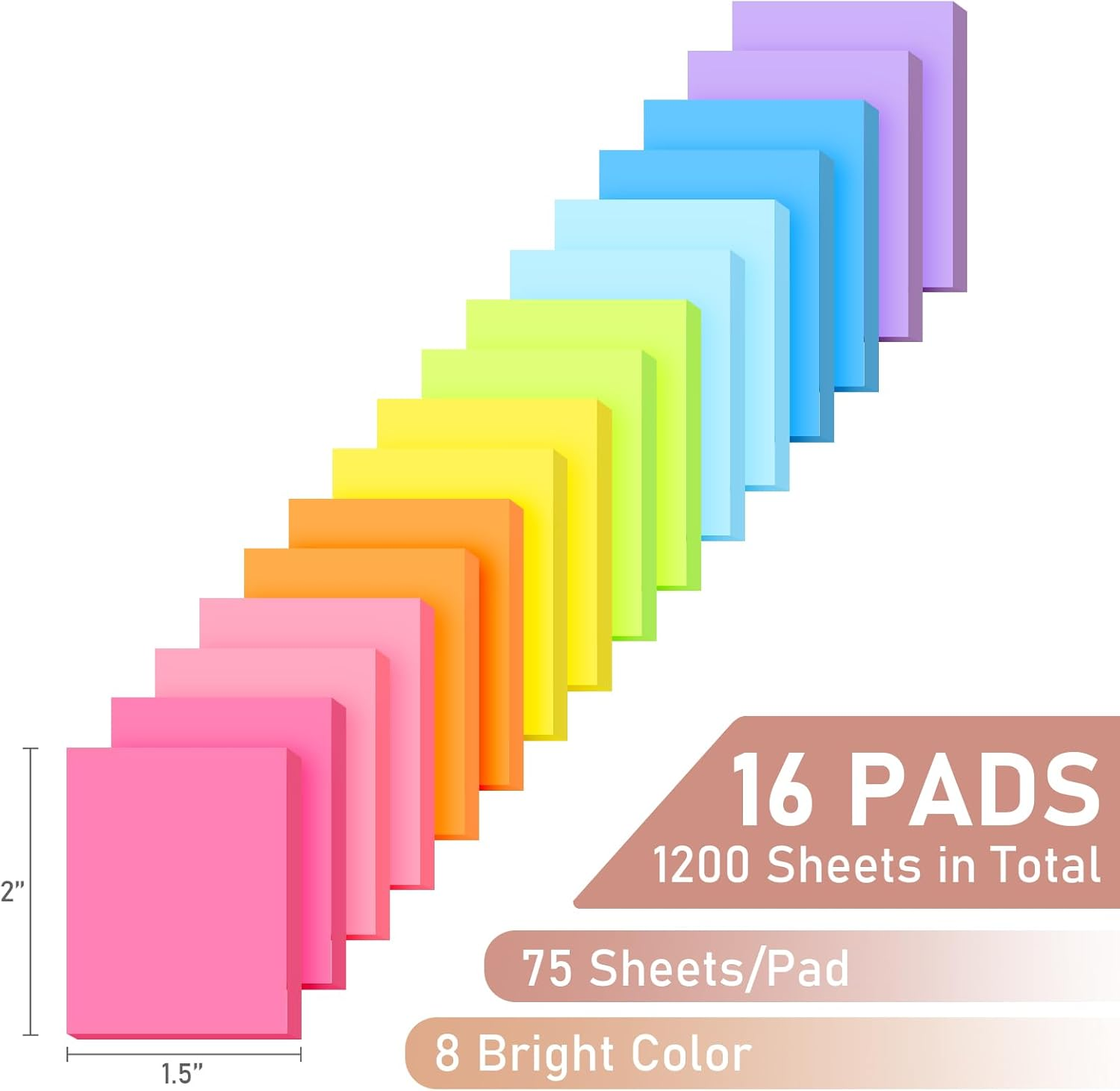 Sticky Notes 1.5X2 Inch 8 Bright Colors Mini Self-Stick Pads Bulk 16 Pads/Pack 75 Sheets/Pad Total 1200 Sheets, Easy to Post for Home,School,Office, Notebook image number 2