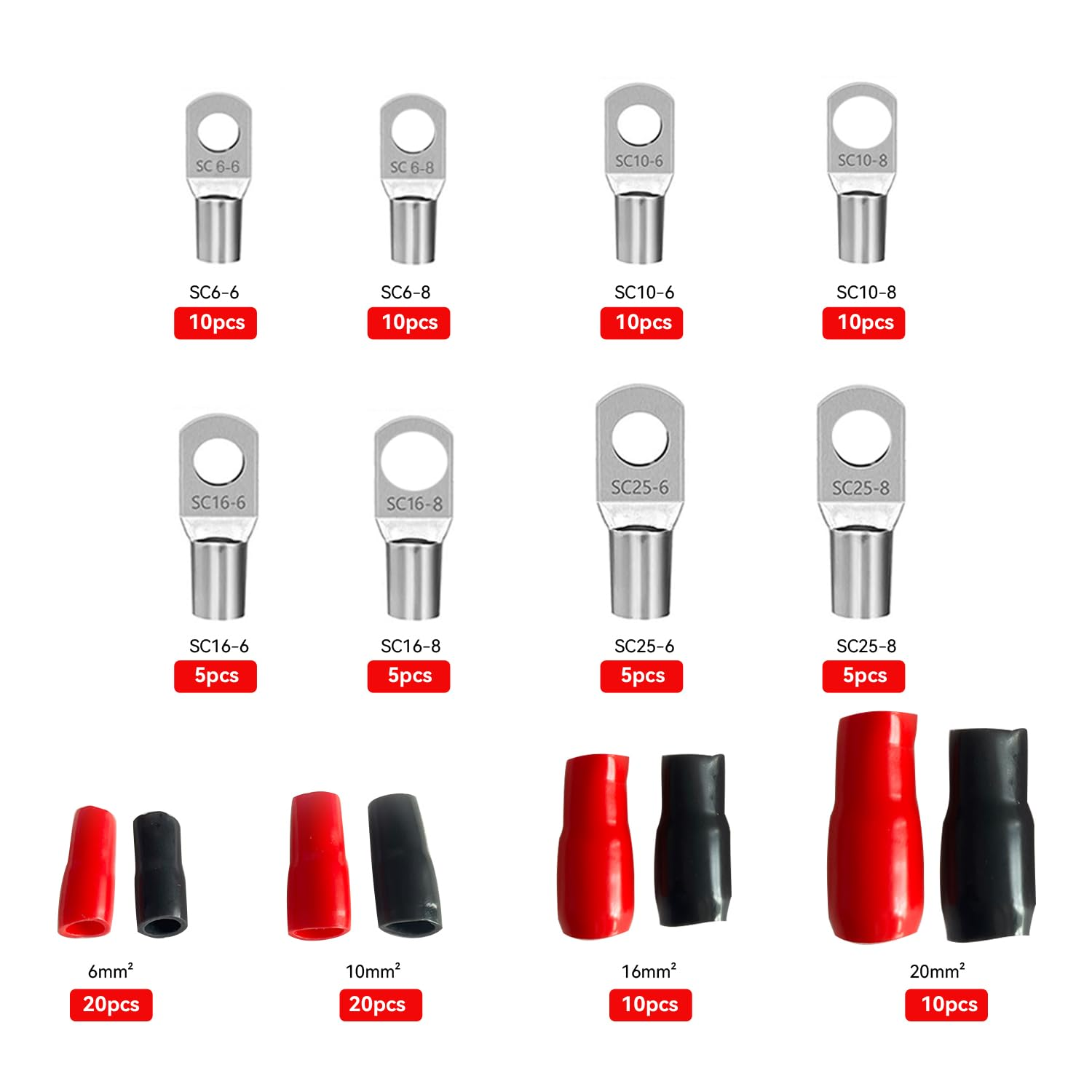 Fullfun 120PCS Tinned Battery Cable Ends, 6~25Mm&sup2; Copper Ring Terminals Connectors, Wire Lugs Assortment Kit and Heat Shrink Tubing image number 6