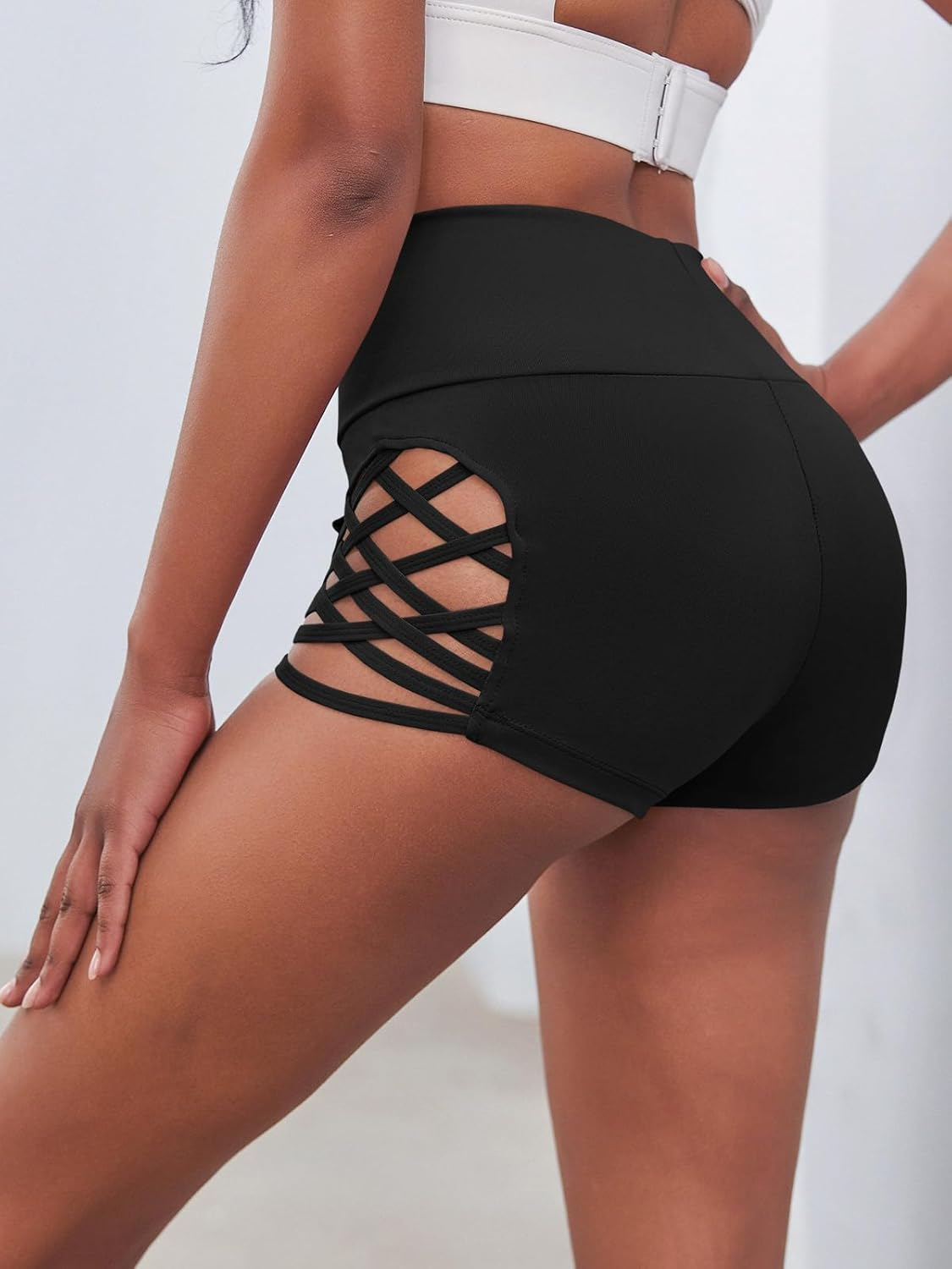 Fisoew Women'S Workout Yoga Shorts High Waist Tummy Control Criss Cross Athletic Sports Booty Short Leggings image number 6