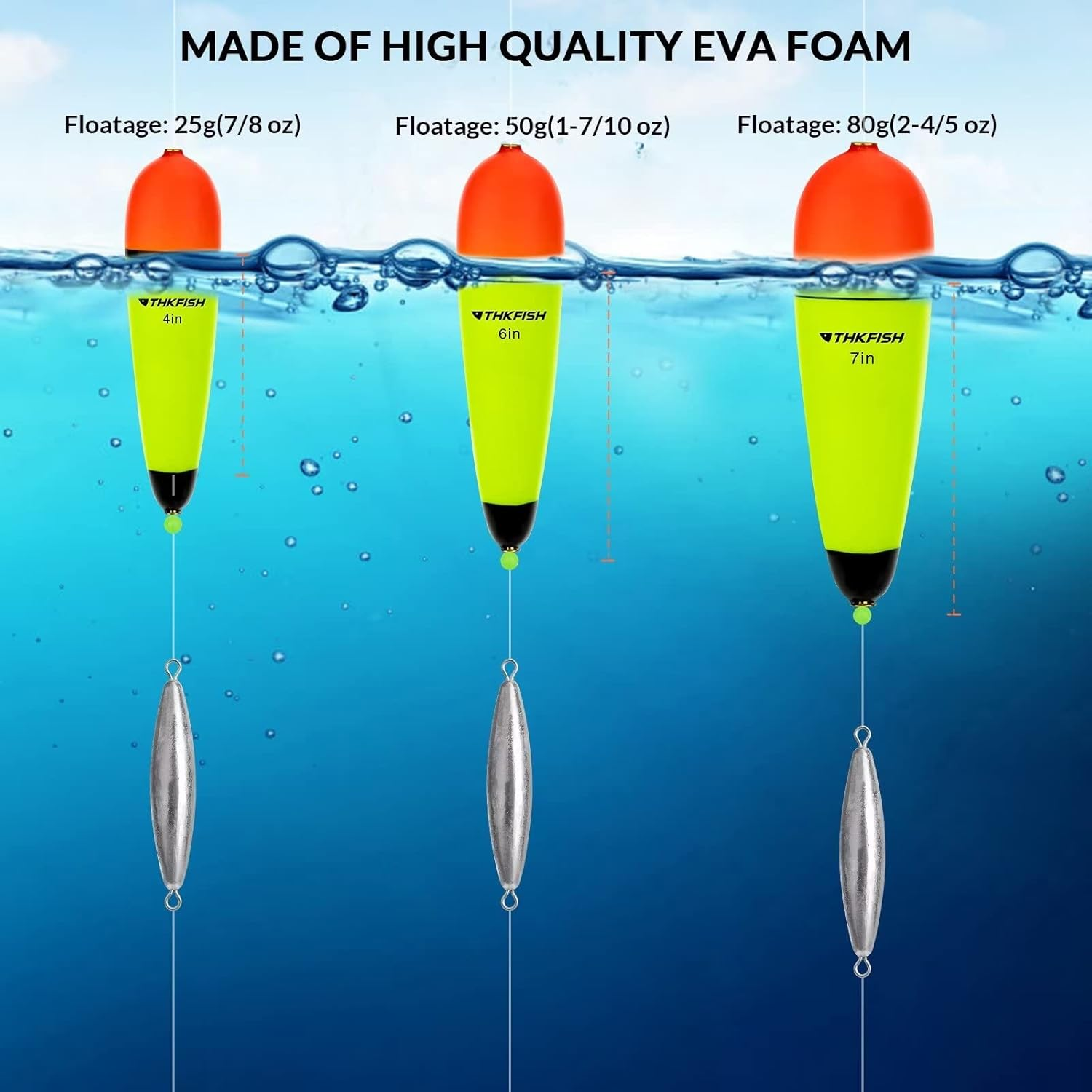 THKFISH Slip Bobbers Floats Eva-Slider-Bobbers Slip Corks for Sea Fishing Catfish Bobbers Assortment Freshwater 4PCS 4", 6", 7" image number 2