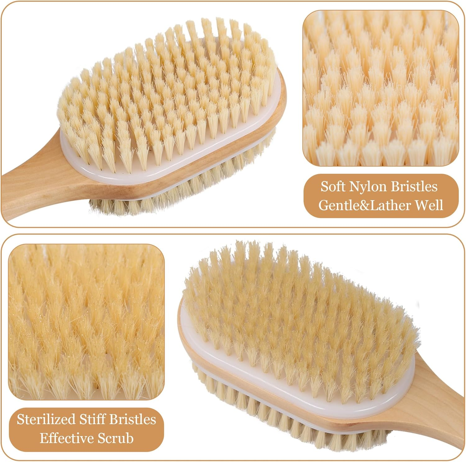 OWIIZI Back Scrubber for Shower with Soft and Stiff Boar Bristles Dual-Sided Wooden Long Handle Antiskid Body Bath Brush for Back Use Wet or Dry,Deep Cleanse Large Surface Back Scrub Brush image number 1