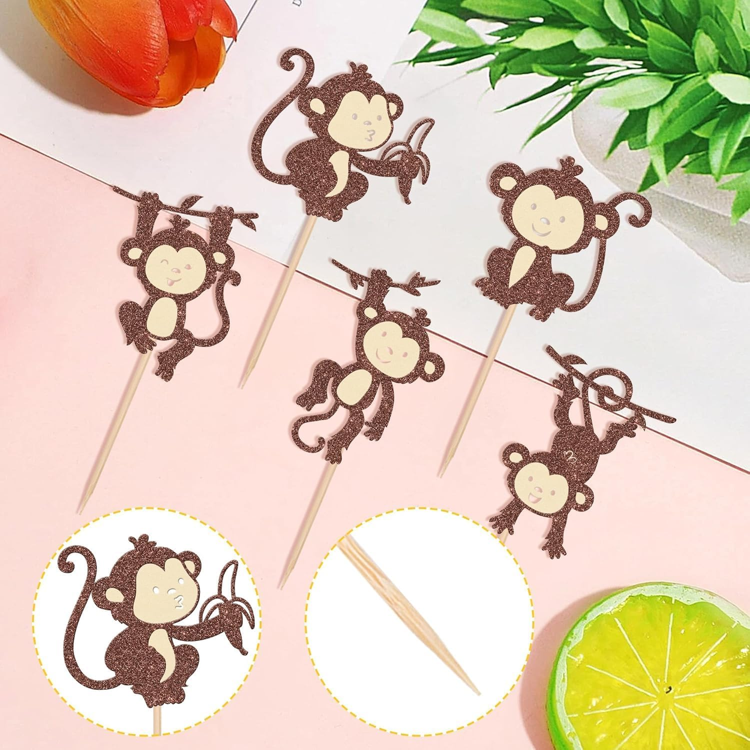 SYKYCTCY 30 Pack Monkey Cupcake Toppers Glitter Cut Monkey Animal Cupcake Picks for Forest Animals Zoo Theme Baby Shower Birthday Cupcake Decorations Party Supplies (Color-01) image number 4