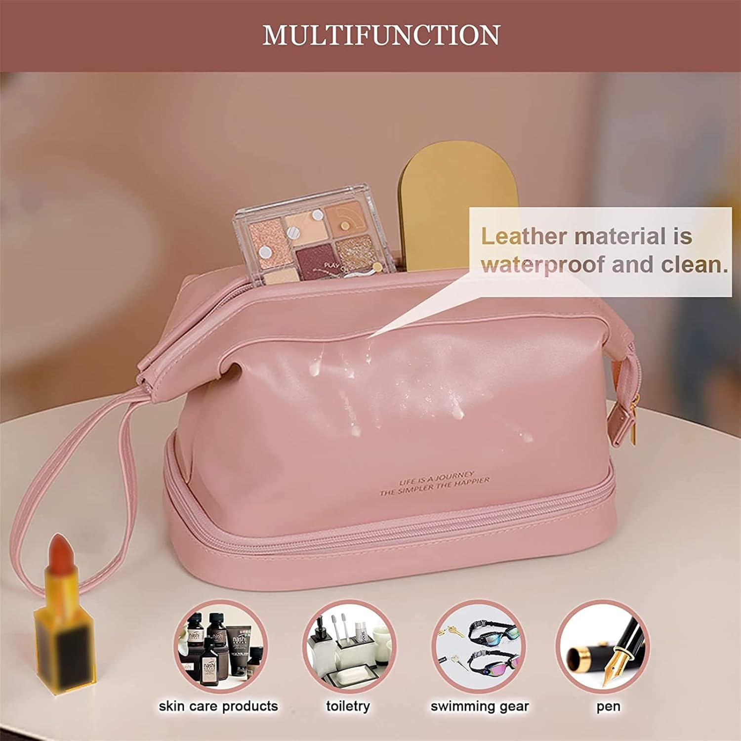 Travel Toiletry Bag for Women,Travel Makeup Bag Cosmetic Bags for Women, Travel Toiletry Organizer Double Layer Leather Cosmetic Travel Bag Toiletry Makeup Bags for Women Girls (Pink) image number 1