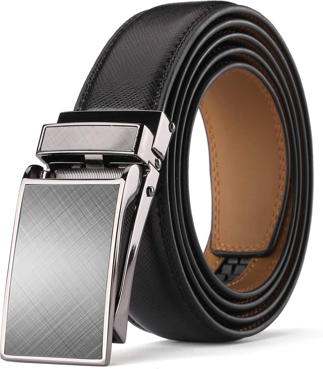 KAERMU Men'S Comfort Genuine Leather Ratchet Dress Belt 1 1/8" Wide with Automatic Click Buckle