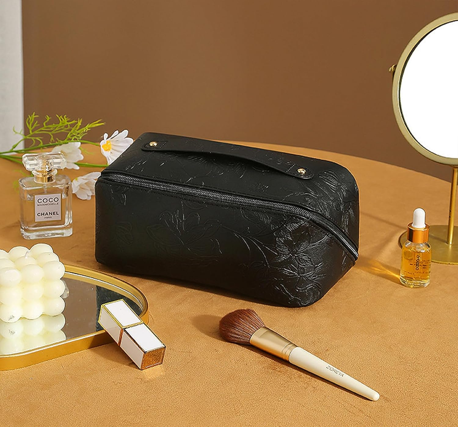 Travel Makeup Bags Cosmetic Organizer Bag,Large Capacity PU Leather Toiletry Bag for Women - Wide Open Portable Pouch with Divider & Handle (Black)