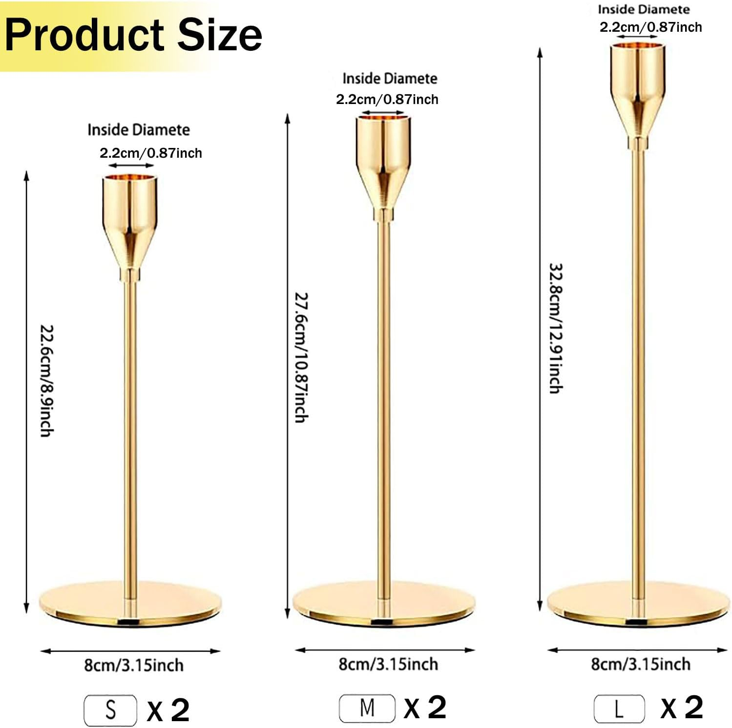 6Pcs Gold Candle Holders, Tall Taper Candlestick Fit 3/4 Inch Thick Pillar Candle Led Modern Candles, Metal Candle Stick Holder Stands Table Centerpieces for Wedding Dinning Party Decorative