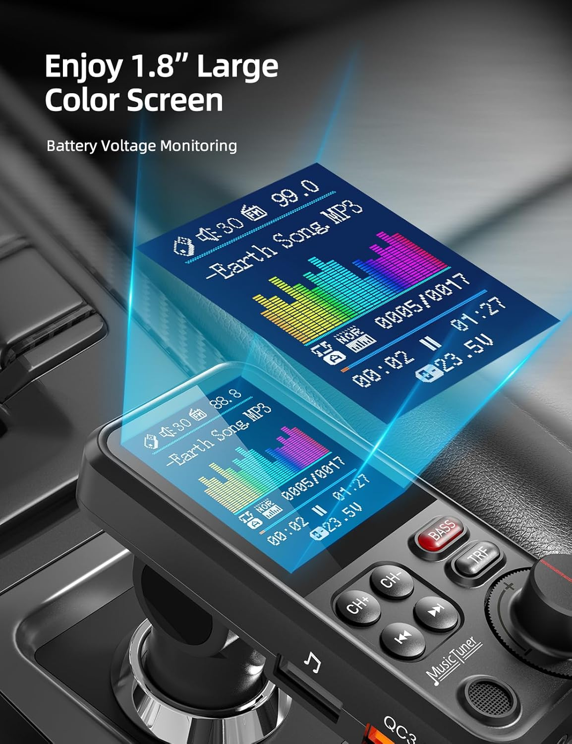 Nulaxy Car Bluetooth Transmitter, Strong Microphone Bluetooth Car Radio Adapter with 1.8" Color Screen for Hands Free Calls, Supports QC3.0 Charging, Treble and Bass Sound Music Player- KM30 image number 5