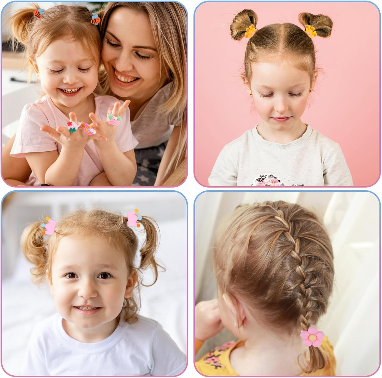 Pack of 100 Colourful Hair Bobbles Girls Elastic Baby Hair Bobbles Cartoon Hair Bands Girls Kids Hair Bobbles Small with Bows, Animal, Flower and Fruit Patterns image number 3