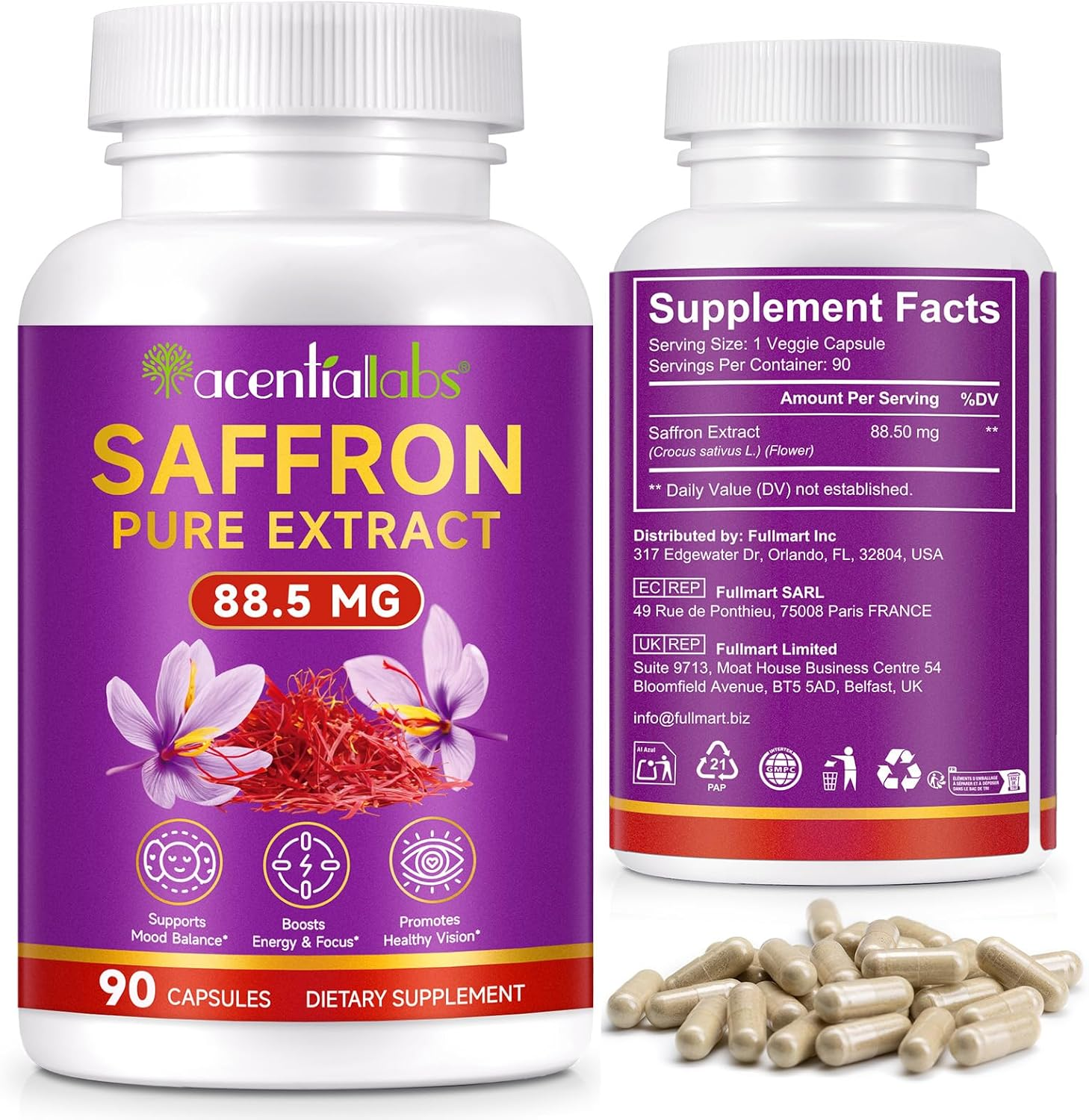 Saffron Pure Extract Capsules | Saffron Supplement 88.5Mg | Vegan, Non-Gmo, Gluten-Free | 3 Month Supply | 90 Capsules