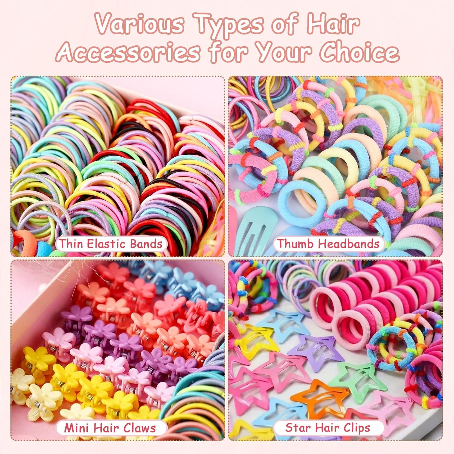 Jotia 875Pcs Hair Clips Accessories for Girls, Assorted Styles Mini Hair Clips Claws Elastic Hair Ties Ponytail Holders Hair Barrettes Rubber Bands Set Multicolored Star Clips