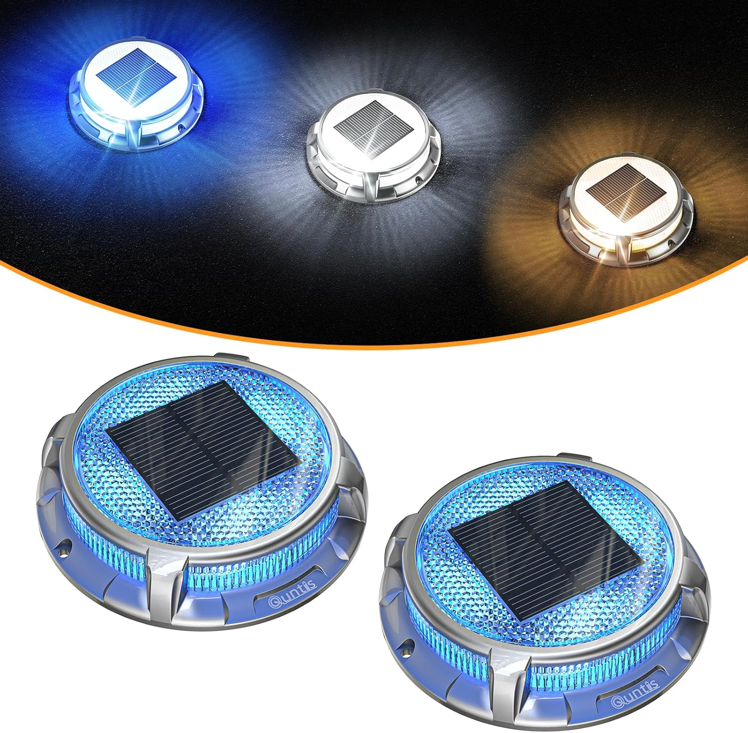 Quntis Solar Deck Lights Outdoor 2 Pack, 3 Color Modes Solar Driveway Lights IP68 Waterproof, Deck Light for Stair Pathway Pool Walkway Road (Blue/Cool White/Warm White) image number 2