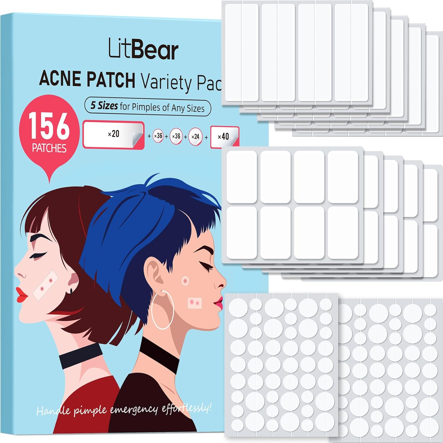 Litbear Large Pimple Patches, 5 Sizes 156 Patches Big Acne Patch, 60 XL Hydrocolloid Patch for Full Face, Forehead, Chin, Nose, Body, Back, Neck & Chest, Stirp, Square Large Hydrocolloid Bandages image number 5