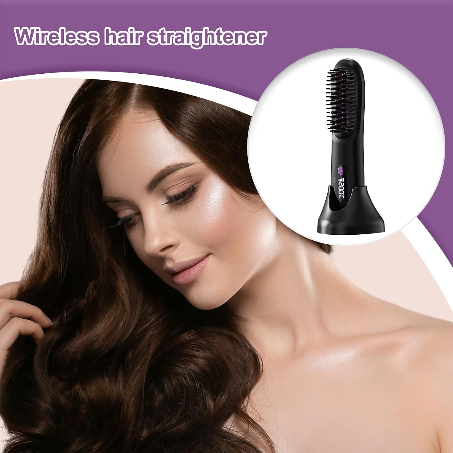 Gkgwuxf Straightening Comb,Cordless Brush Straightener for Women - Rechargeable Heated Styling Appliances with LCD Display for Morning Routine Travel Home Salon Trip image number 5