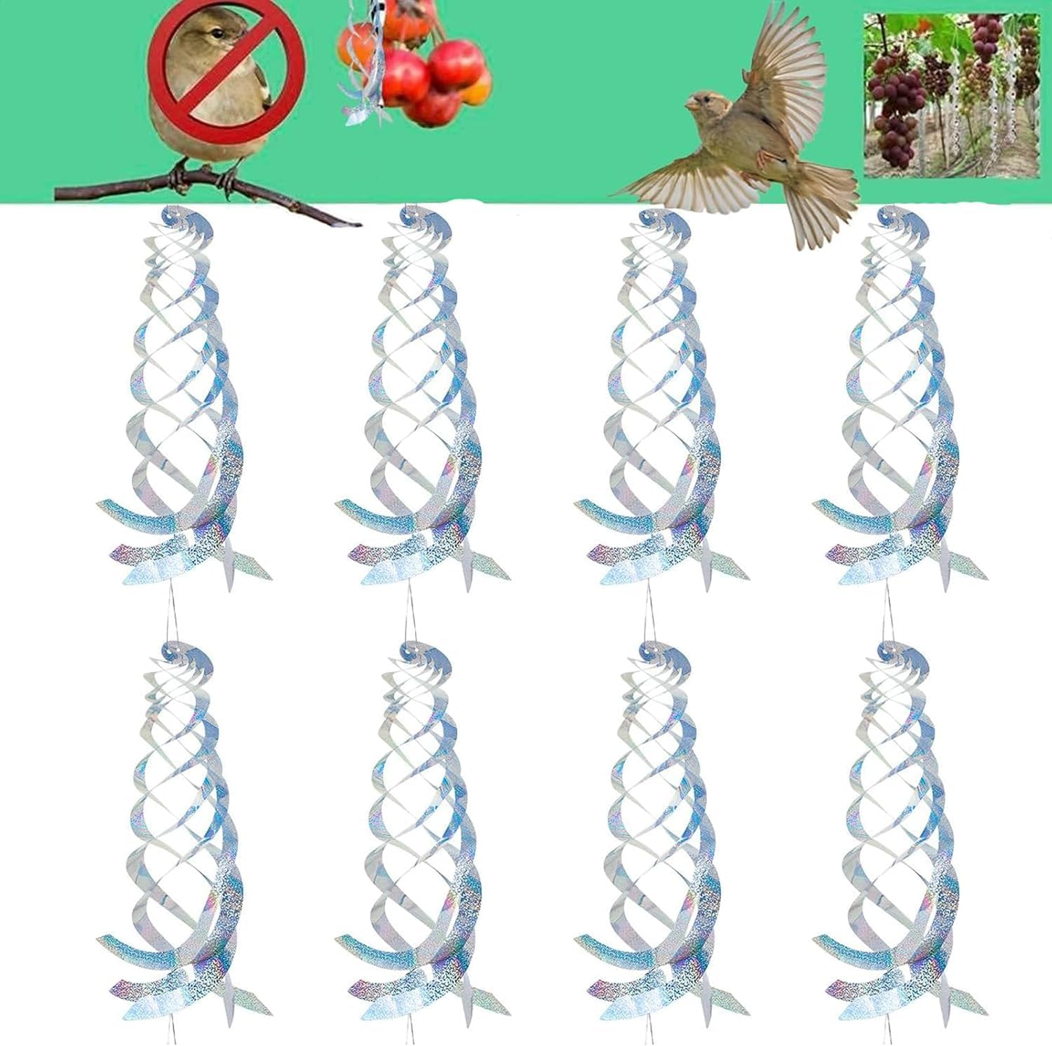 MLUOTALY 8 Pcs Bird Spiral Reflectors, 15.7 Inch Anti-Bird Spiral Reflector Scare Tool, Hanging Reflection to Scare Pigeons and Other Small Birds, Garden Porch Decoration image number 2