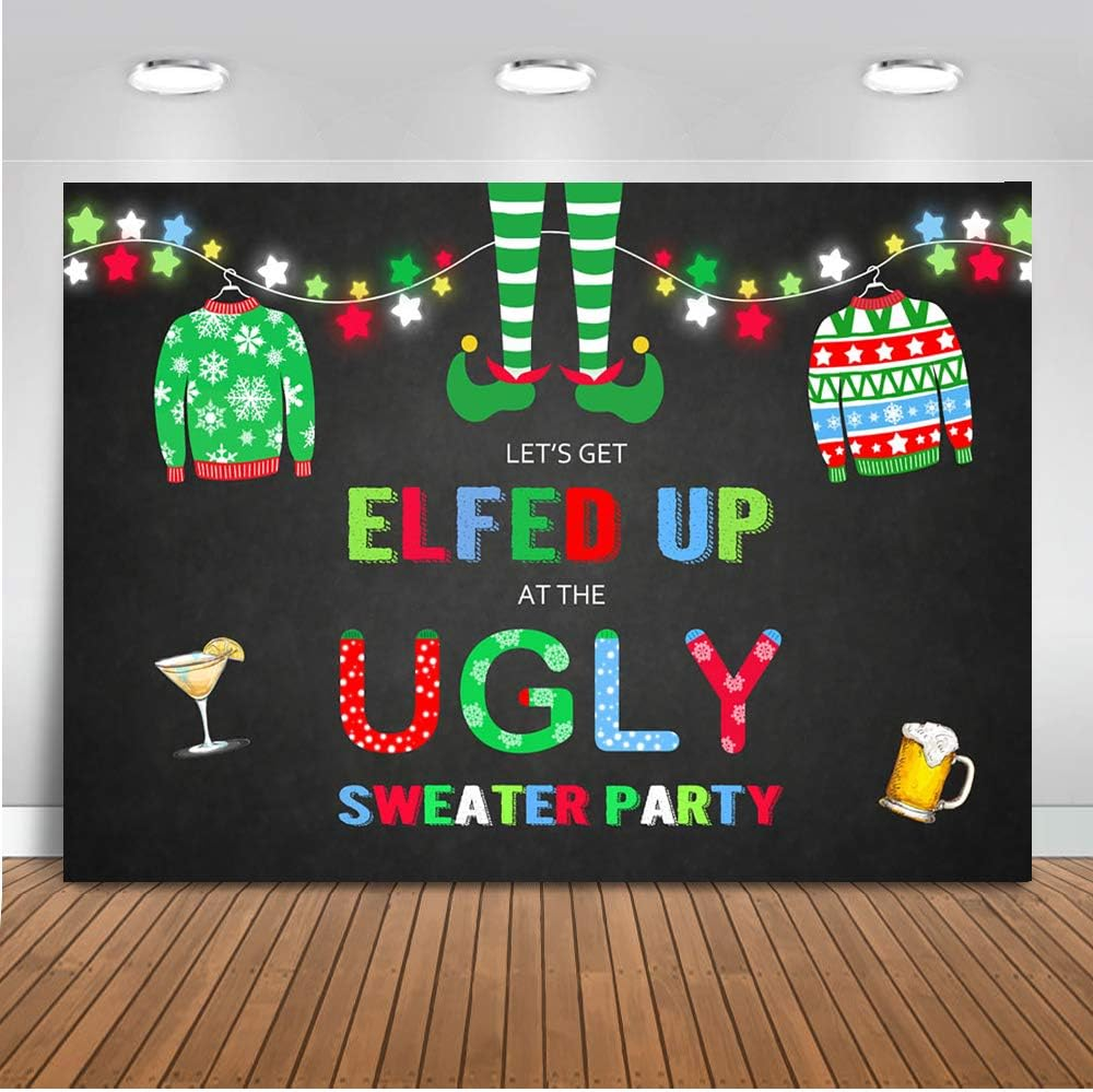 Mocsicka Elfed up Ugly Sweater Party Backdrop Christmas Ugly Sweater Photography Background 7X5Ft Vinyl Christmas Holiday Ugly Sweater Party Backdrops image number 6