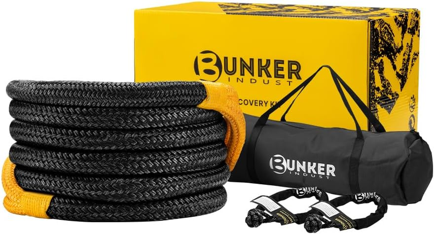 BUNKER INDUST Recovery Kinetic Rope 6M X 3/4Inch with Soft Shackle - Breaking Strength 18,700Lbs, Kinetic Recovery Tow Rope with Storage Bag, for Offroad 4X4 ATV UTV Utes, Black&Yellow