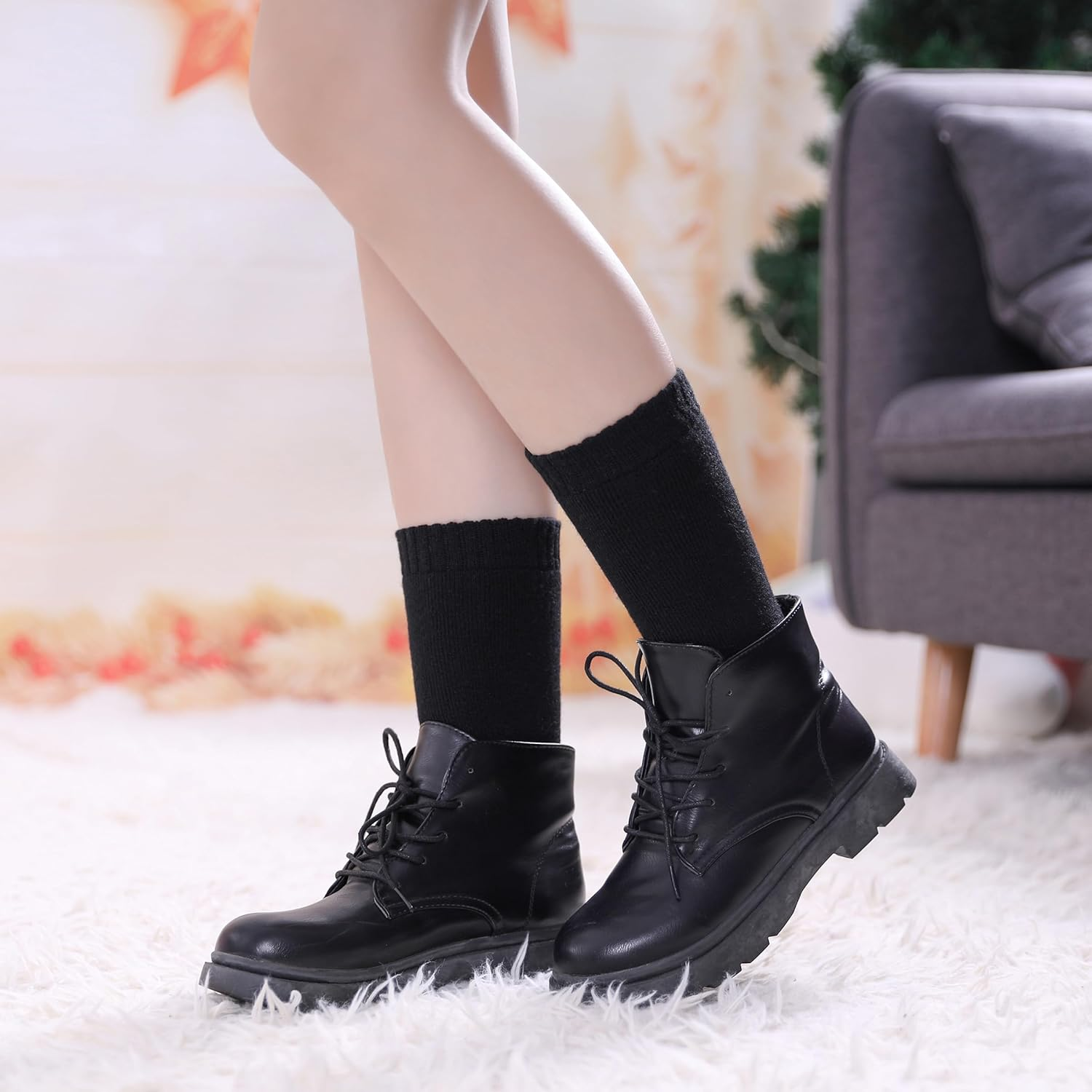 Wool Socks for Women Winter Warm Hiking Thick Warm Cozy Boot Socks 5 Pairs image number 3