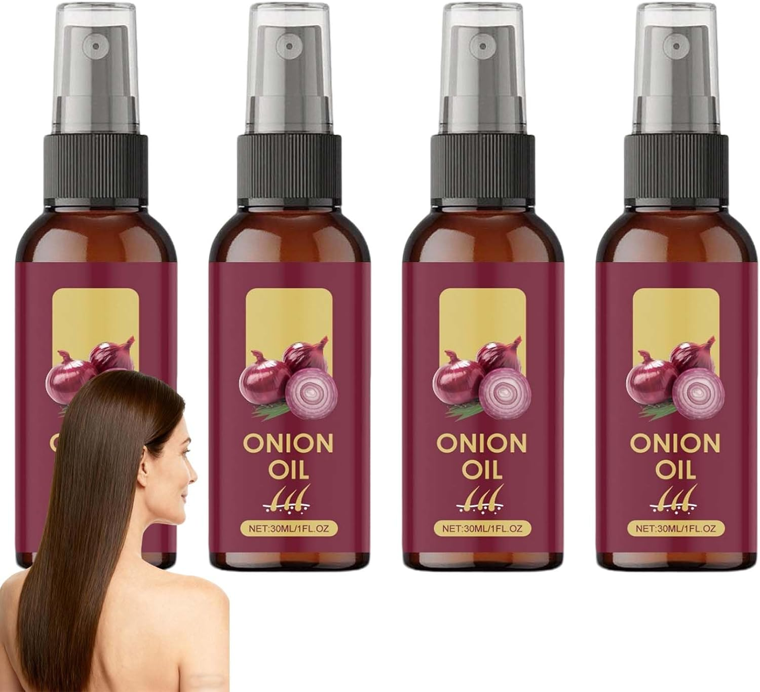 Red Onion Hair Growth Oil Onion Serum Spray: Fast-Absorbing, Non Greasy Formulated, Healthier Hair Enhances Shine, Reduces Hair Fall, Suitable for Dry, Thinning Curly Hair, Scalp for Thicker. (4PCS)