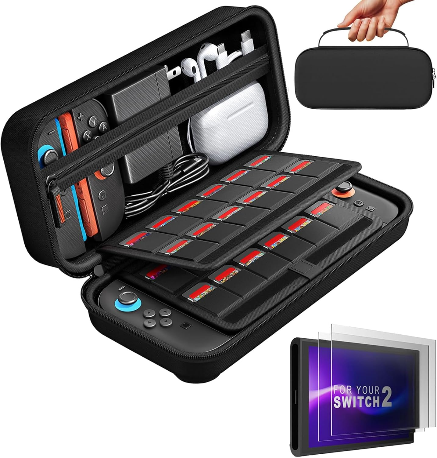 Carrying Case for Nintendo Switch 2 (2025) with 24 Game Card Slots, Hard Portable Travel Case Storage Bag Protective Pounch for 2025 Nintendo Switch 2 Console and Accessories, with Screen Protector