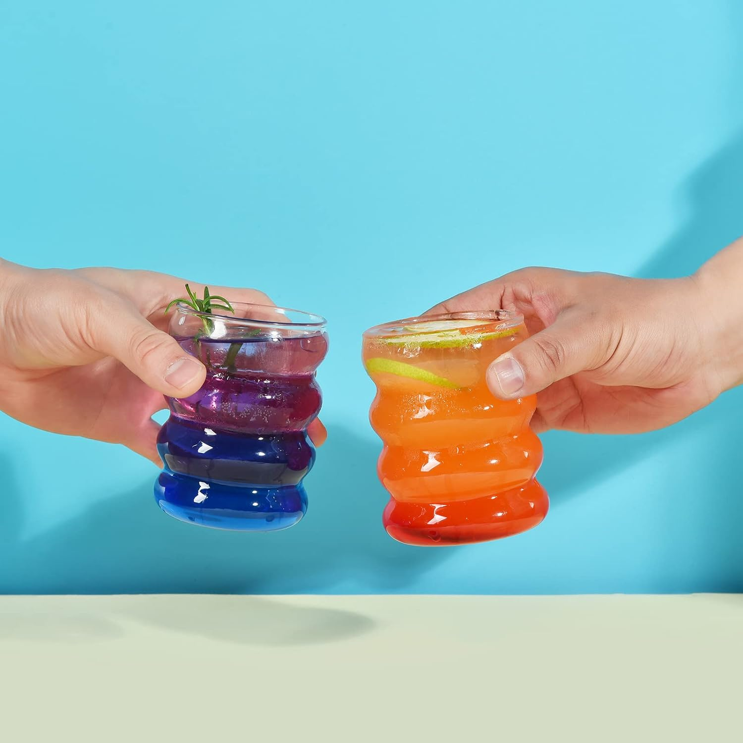 ALINK Ribbed Drinking Glass Cups with Glass Straws Set of 4, 12 Oz Aesthetic Iced Coffee Glasses, Wave Bubble Glasses Tumbler, Ripple Glassware, Beer Glasses for Coctail, Milk, Soda, Gift with Brush image number 1