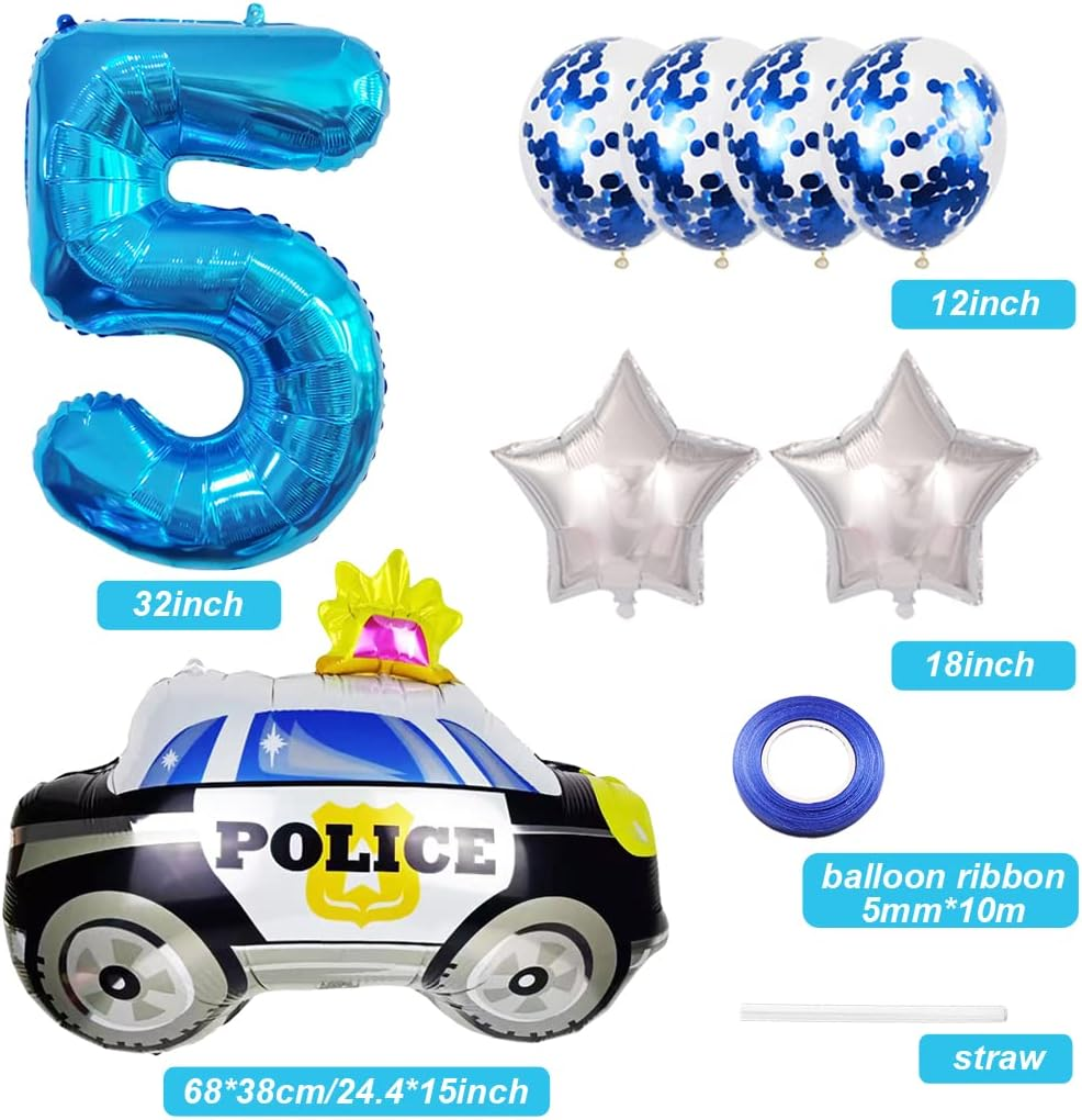 Weenkeey 5Th Police Car Birthday Balloons Giant Police Car Aluminum Foil Balloon Number 5 Mylar Balloon for Police Party Boys Birthday Decor - Blue image number 5