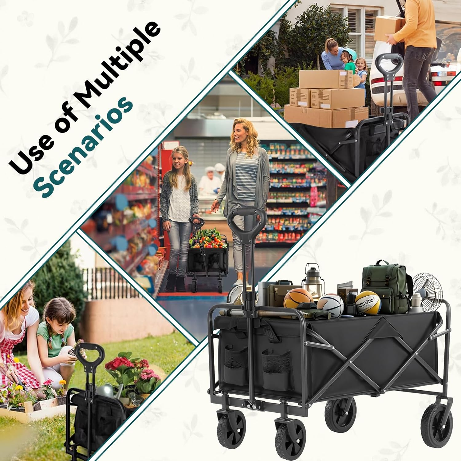 Collapsible Folding Wagon, Outdoor Utility Wagon, Adjustable Beach Wagon Cart with All-Terrain Big Wheels, Portable Grocery Wagon for Outdoor, Camping, Sports, Beach & Shopping image number 4