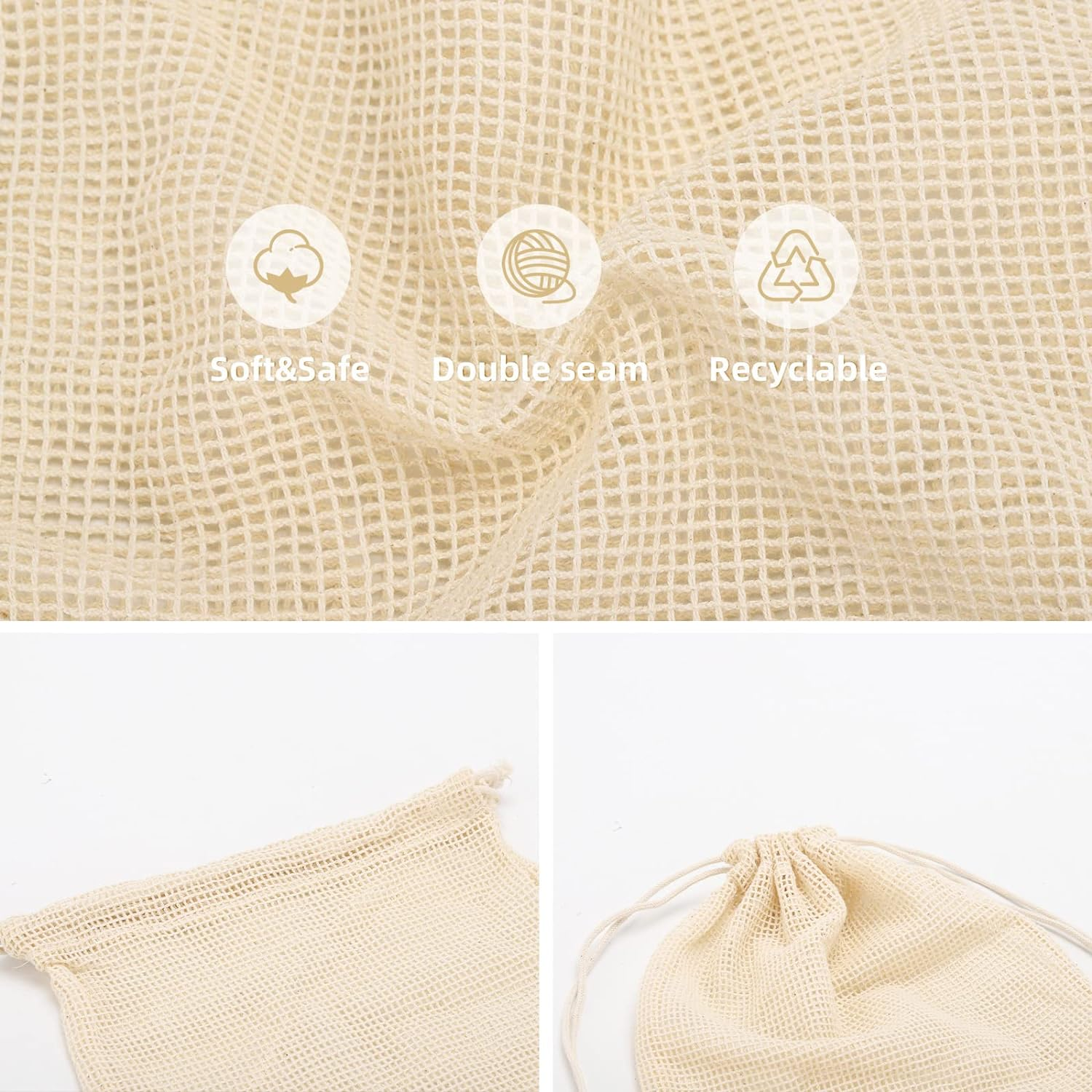 Reusable Produce Bags Grocery Washable - Set of 12 Cotton Mesh Produce Bags for Veggie Fruit Vegetable Storage, 3 Sizes (4L, 4M, 4S) image number 3