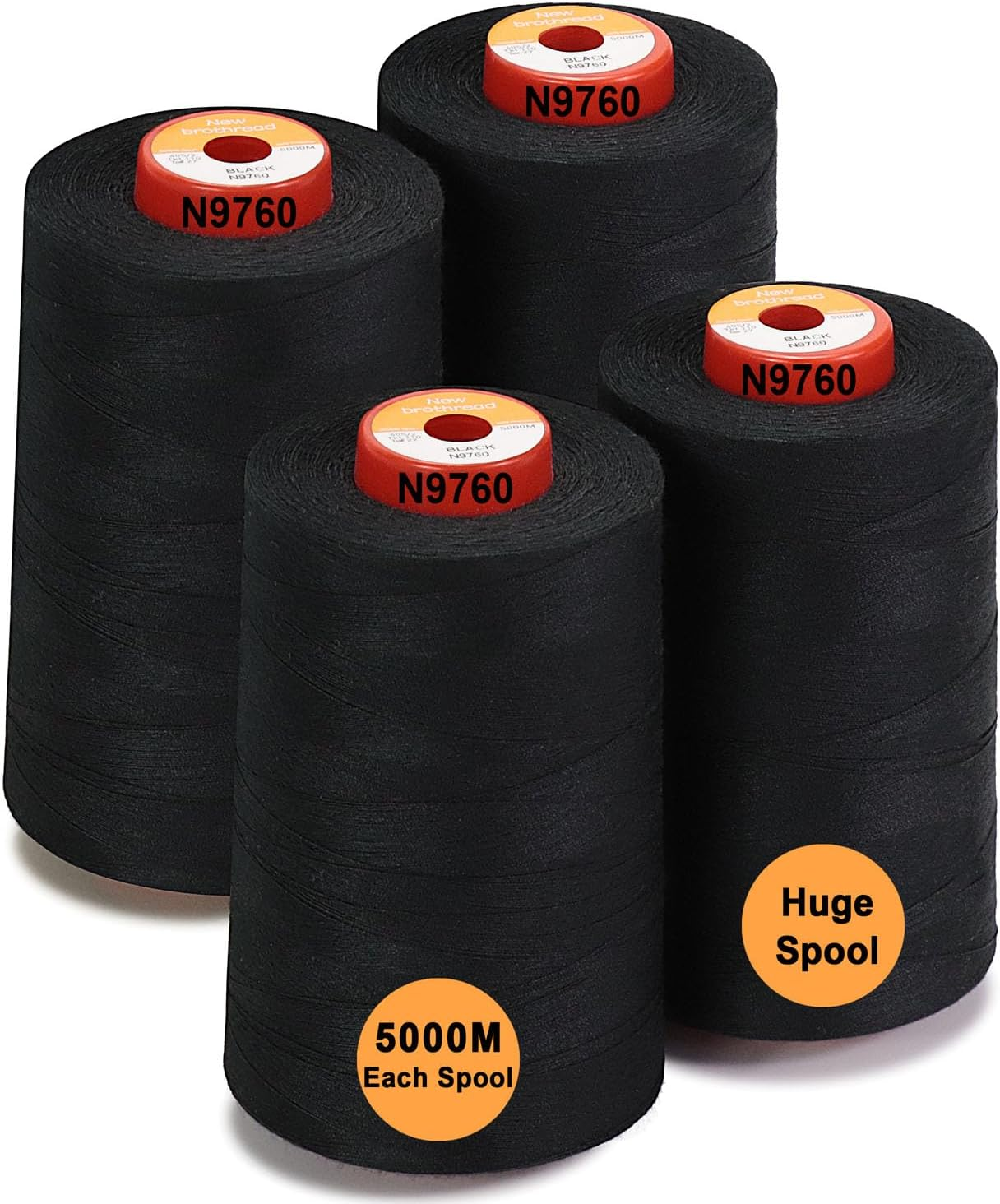 New Brothread Set of 4 Large Cones of 5500Y (5000M) Each All Purpose Spun Polyester Thread 40S/2 (Tex27) for Serger, Overlock, Quilting, Piecing and Sewing - White