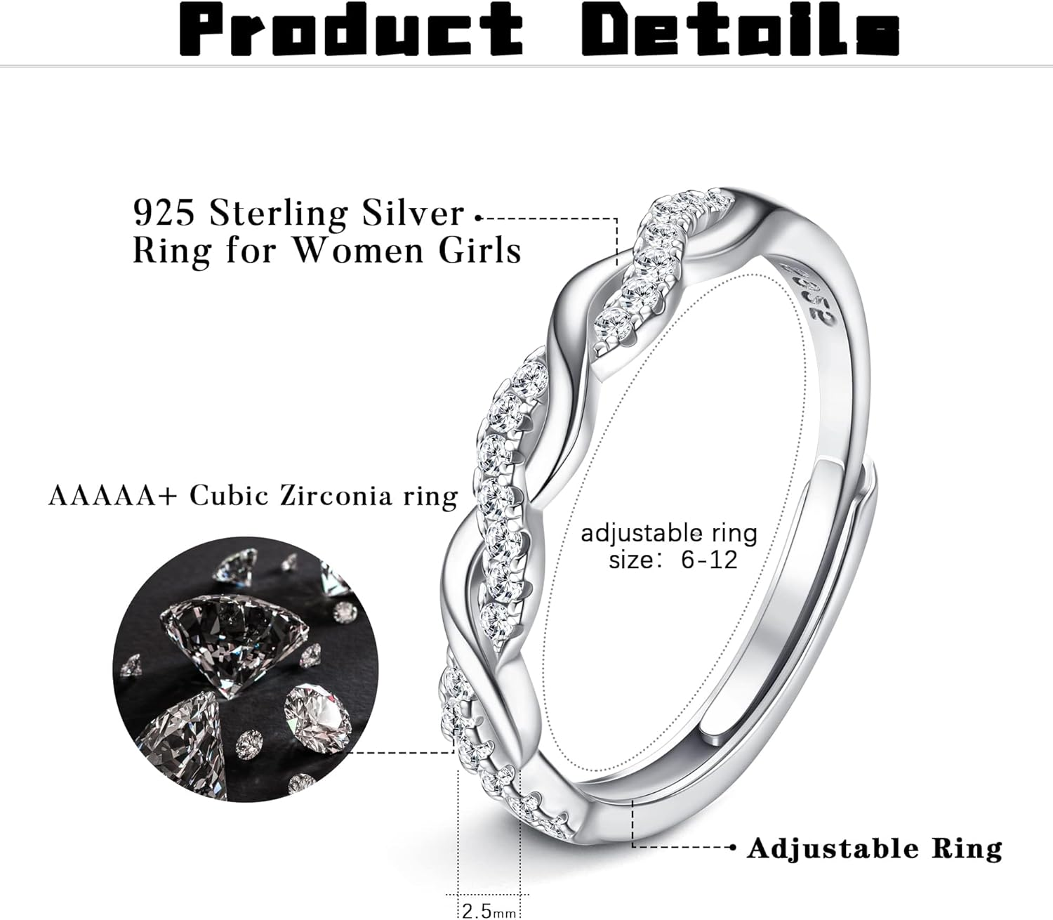 Sanfenly Adjustable 925 Sterling Silver Ring for Women Eternity Cubic Zirconia Crossover Ring Engagement Ring Wedding Promise Ring Adjustable Thumb Ring for Women Girls Anniversary Jewellery Gifts image number 4