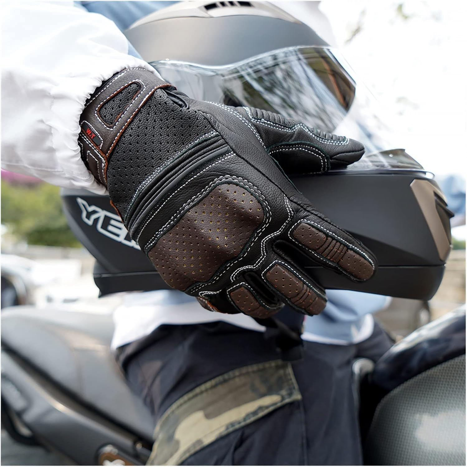 KANGYEBAIHUODIAN Genuine Leather Vintage Motorcycle Full Finger Gloves Rubber Guard Protection Touchscreen Motorbike Motocross ATV Racing Riding (Color : Brown, Size : S) image number 2