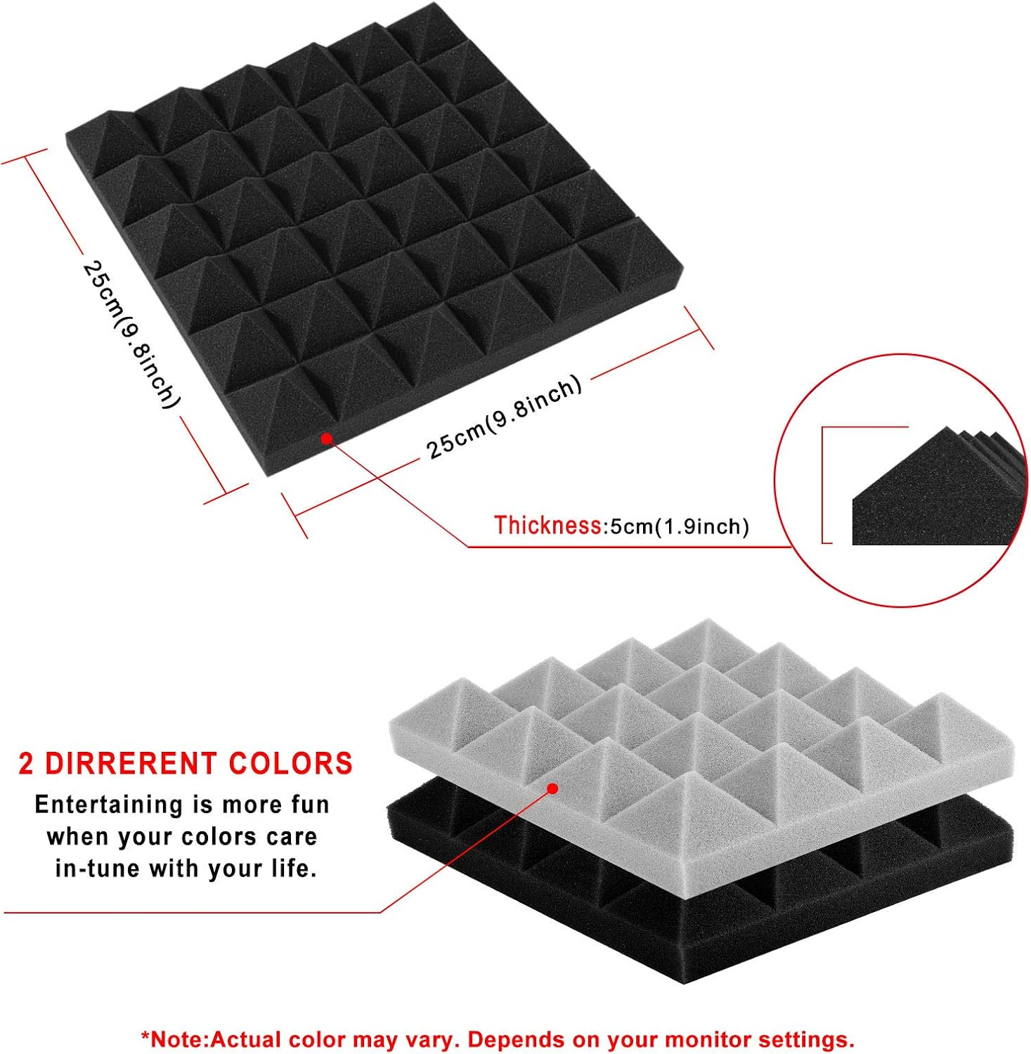 Acoustic Foam Tiles, 24 Packs Soundproof Studio Foams 25X25X5Cm Black and Grey Pyramid Acoustic Panels Home Studio Sound Treatment, for Recording Studio, TV Room, Kid&rsquo;S Room, Office, Podcast
