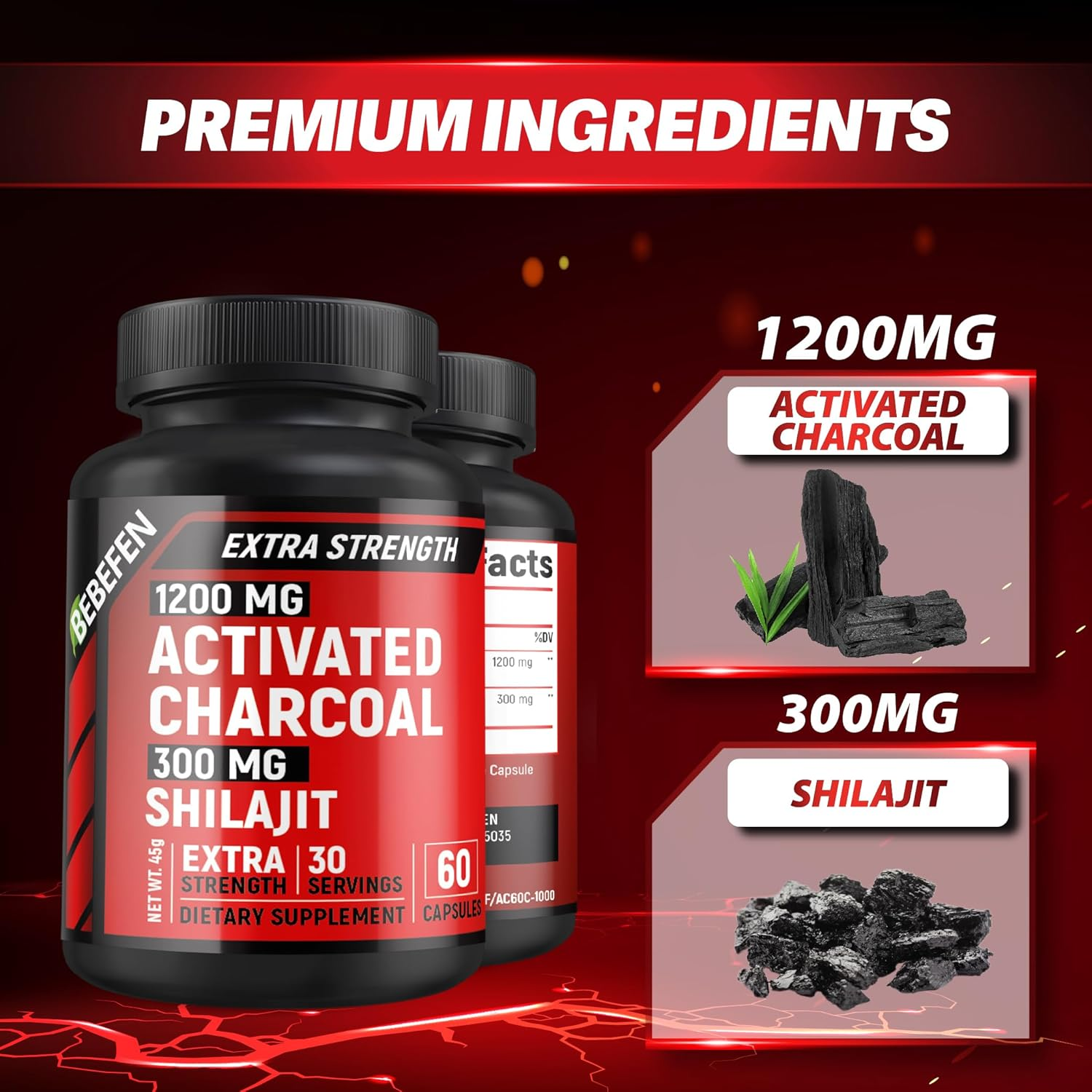 Activated Charcoal 1,200Mg per Serving by BEBEFEN | Enhanced with Shilajit 300Mg | Activated Charcoal Capsules | Derived from Coconut Shells | Non-Gmo | Gluten Free | 60 Count image number 5
