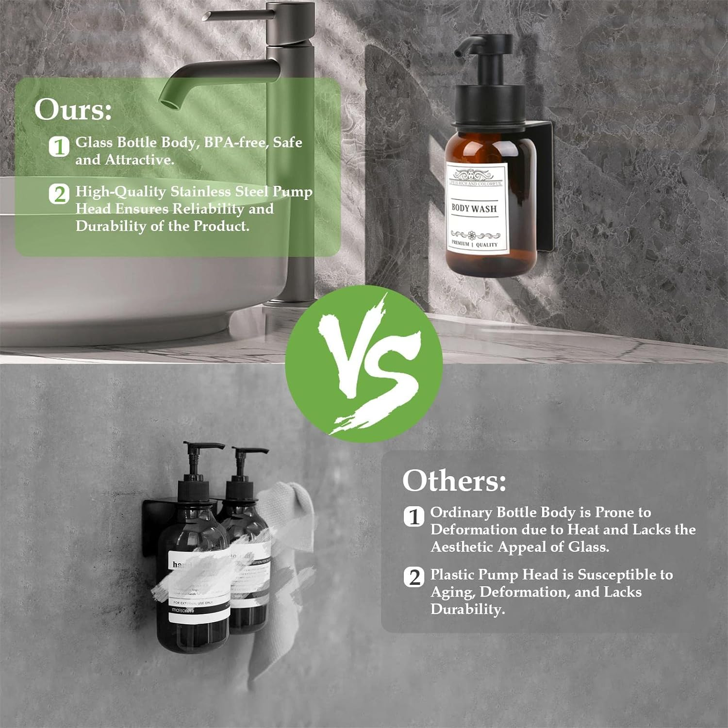 Glass Soap Dispenser with Pump and Wall Mount Holder,8.5 Oz Shampoo and Conditioner Dispenser with Waterproof Labels(Brown) image number 5