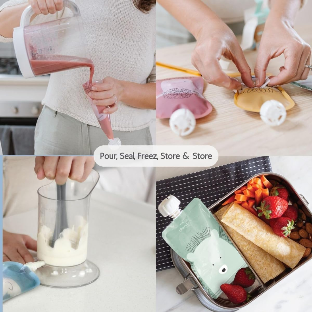 Cherub Baby Refillable Food Pouches 5 Pack 150Ml Leakproof Freezer Safe Bpa-Free Squeeze Bags for Toddler Baby Snacks Reusable Easy Fillable Animal Printed Pouch for Homemade Smoothies Purees Yoghurt image number 6
