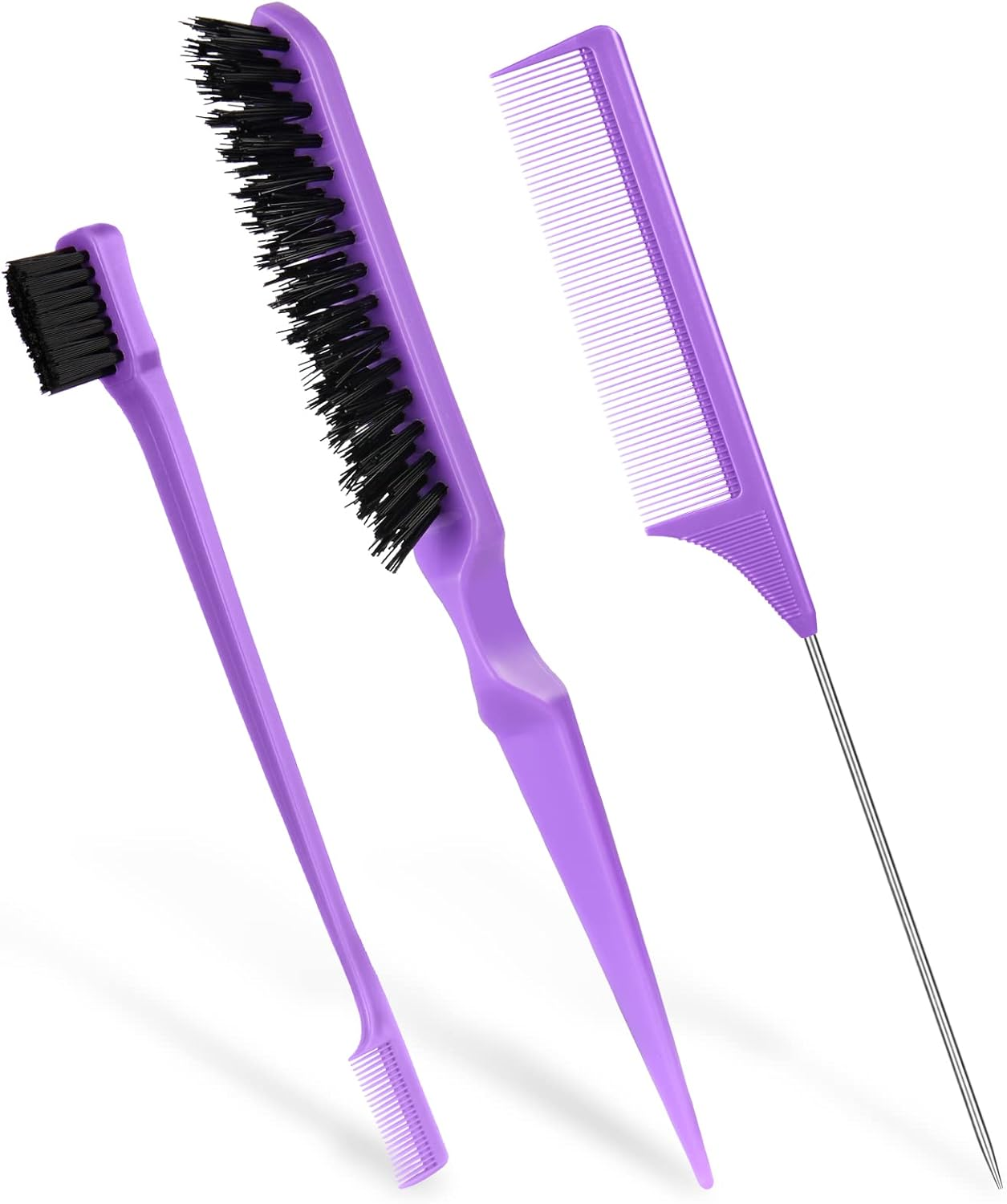 AOOWU 3 Pcs Slick Brush Set, Volume Creating Teasing Brush Set, Hair Styling Comb Set Include Bristle Hair Brush Double Sided Edge Brush Rat Tail Comb for Women Kids Edge Back Hair Smoothing (Black)