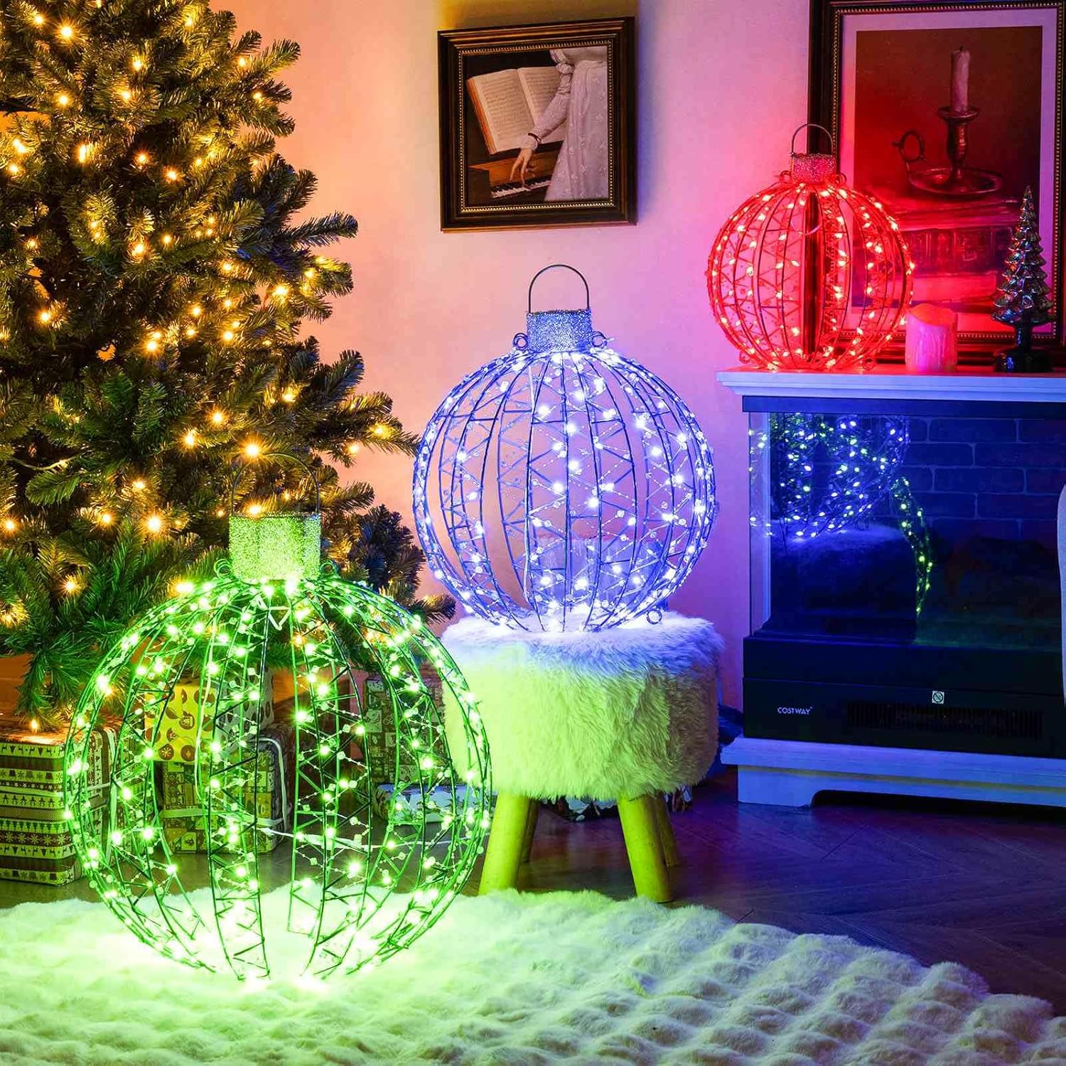 Costway 3 Pack Christmas Light Balls, Christmas Decoration Light Balls W/ 360 Led Lights & Metal Frame & Plug In, Lighted Sphere Balls for Outdoor Indoor Party Yard Lawn Tree Garden Decorations image number 2