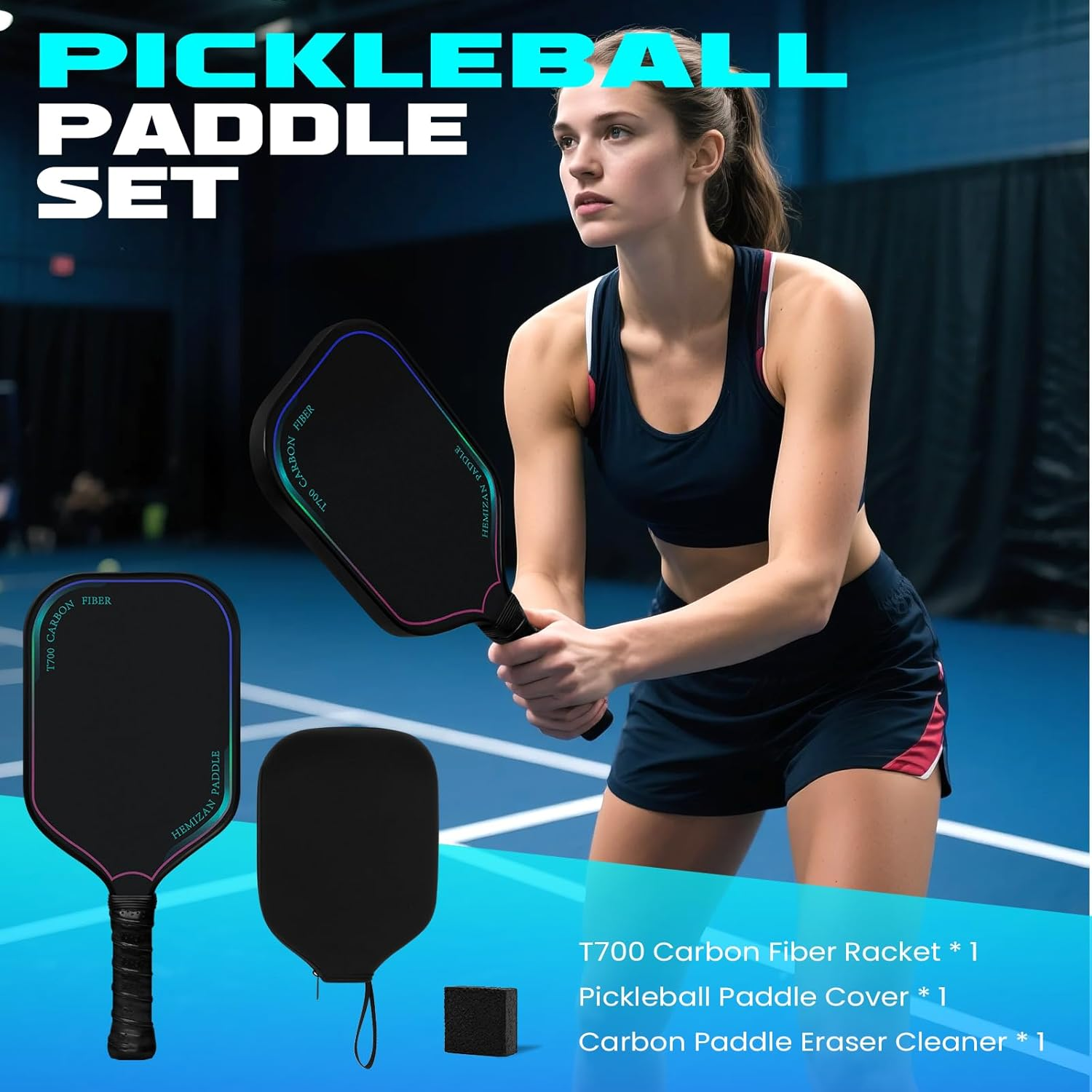 T700 Carbon Fiber Pickleball Paddle - Matte Carbon Pickle Ball Paddles Set of 16Mm Elongated Racket, Eraser Cleaner and Carry Bag by HEMIZAN image number 5